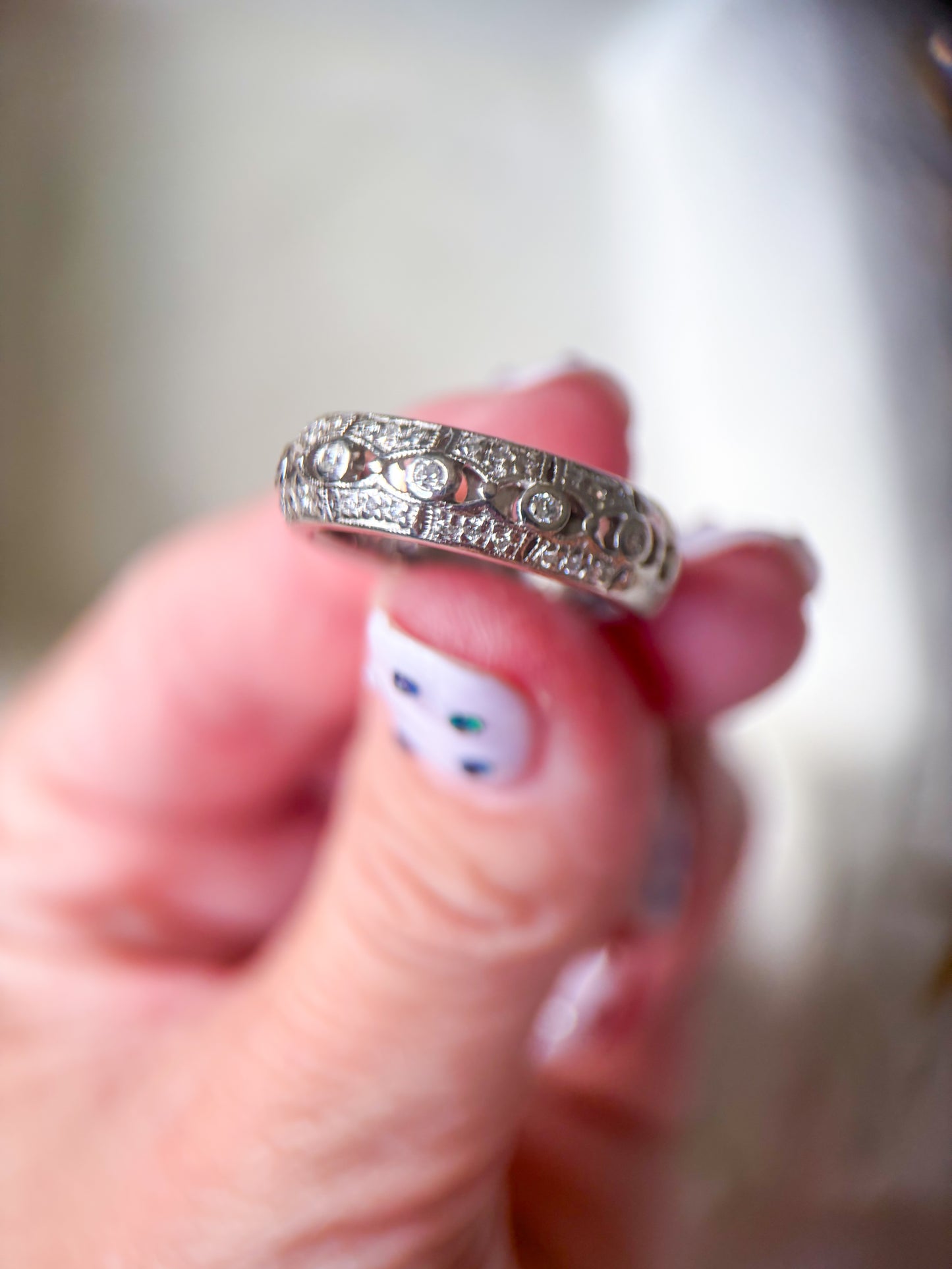 Vintage Natural Diamond Half Band 18k White Gold Ring