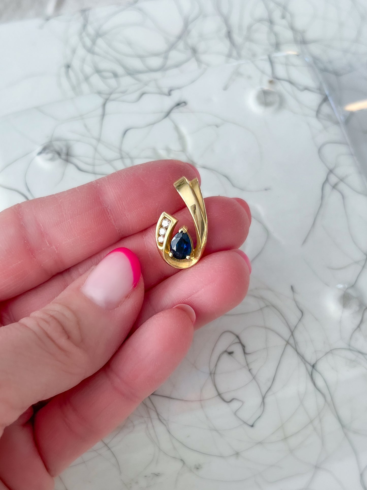 Vintage Natural Pear Shaped Sapphire and Diamond Slider 14k Yellow Gold Charm