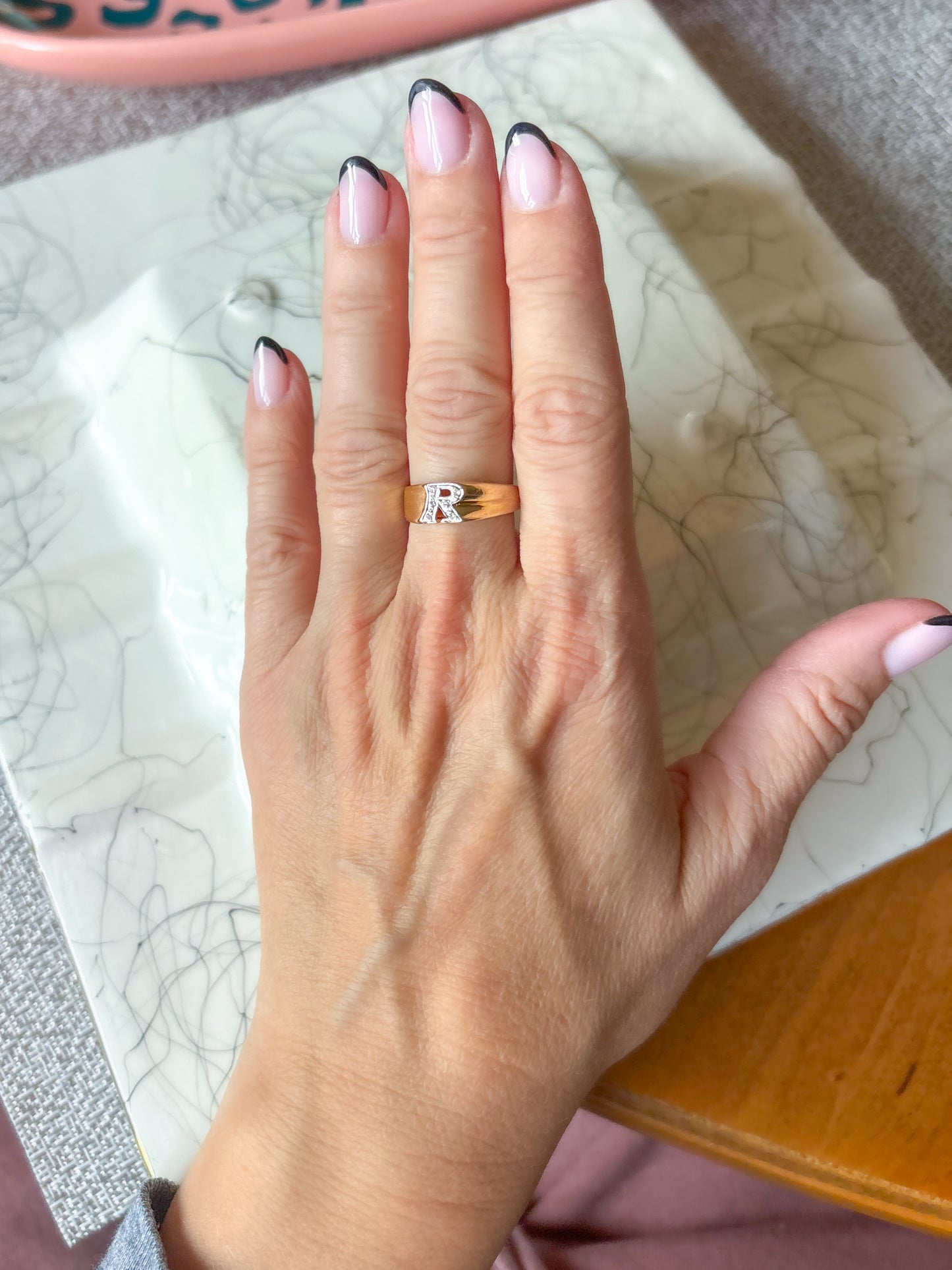 Vintage Chunky Natural Diamond Letter "R" 14k Yellow Gold Ring