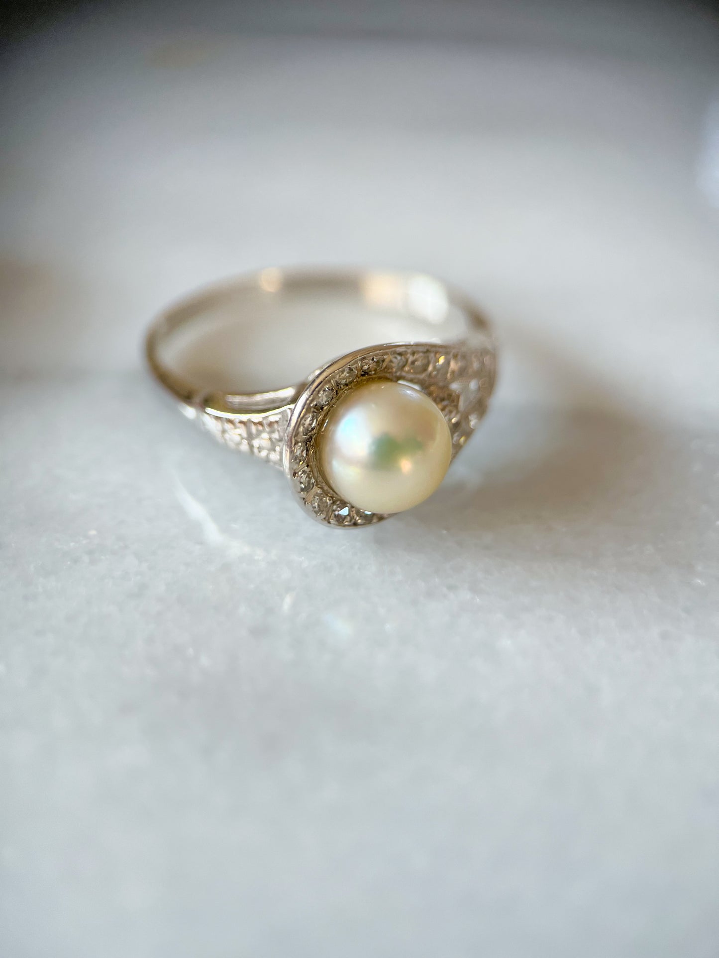 Vintage Natural Pearl and Natural Diamond 14k White Gold Statement Ring