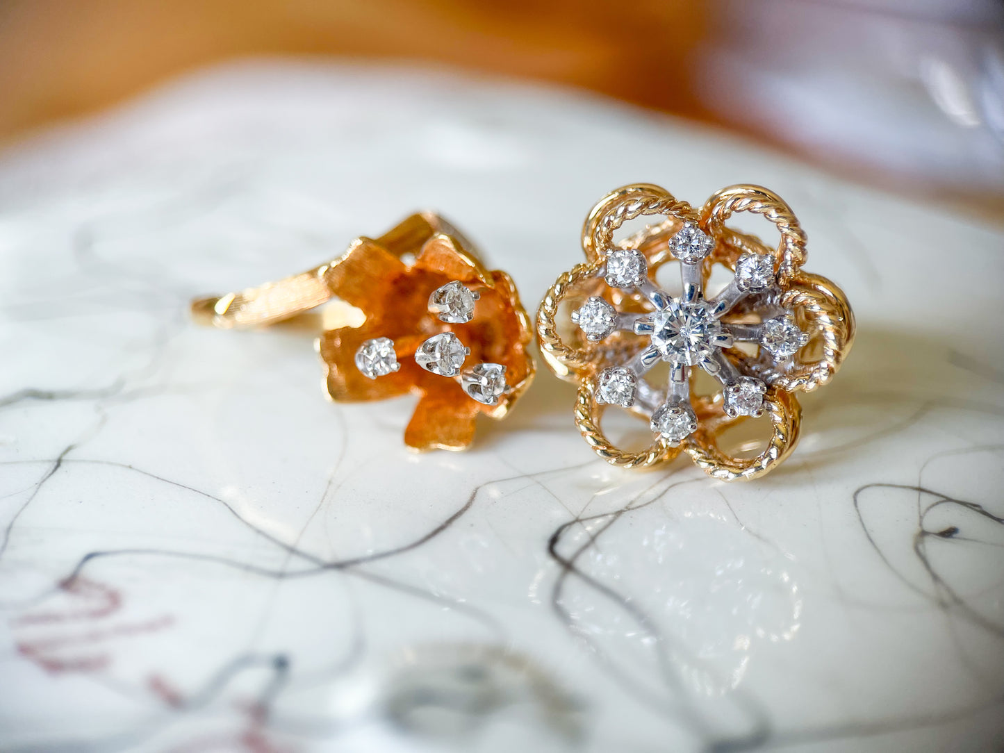 Vintage Flower Natural Diamond Rings in 14k Yellow Gold