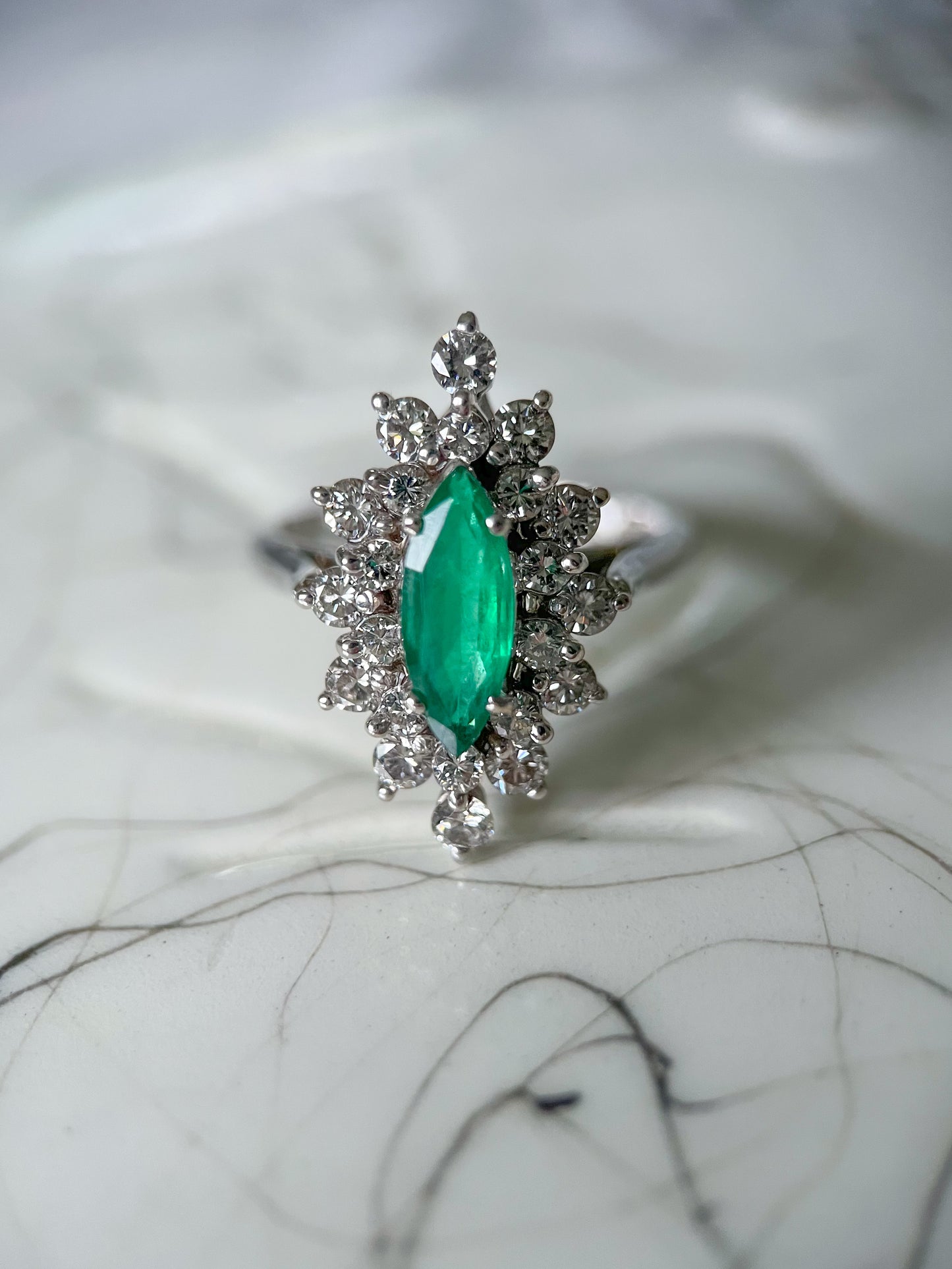 Vintage Natural Emerald and Diamond 14k White Gold Ring