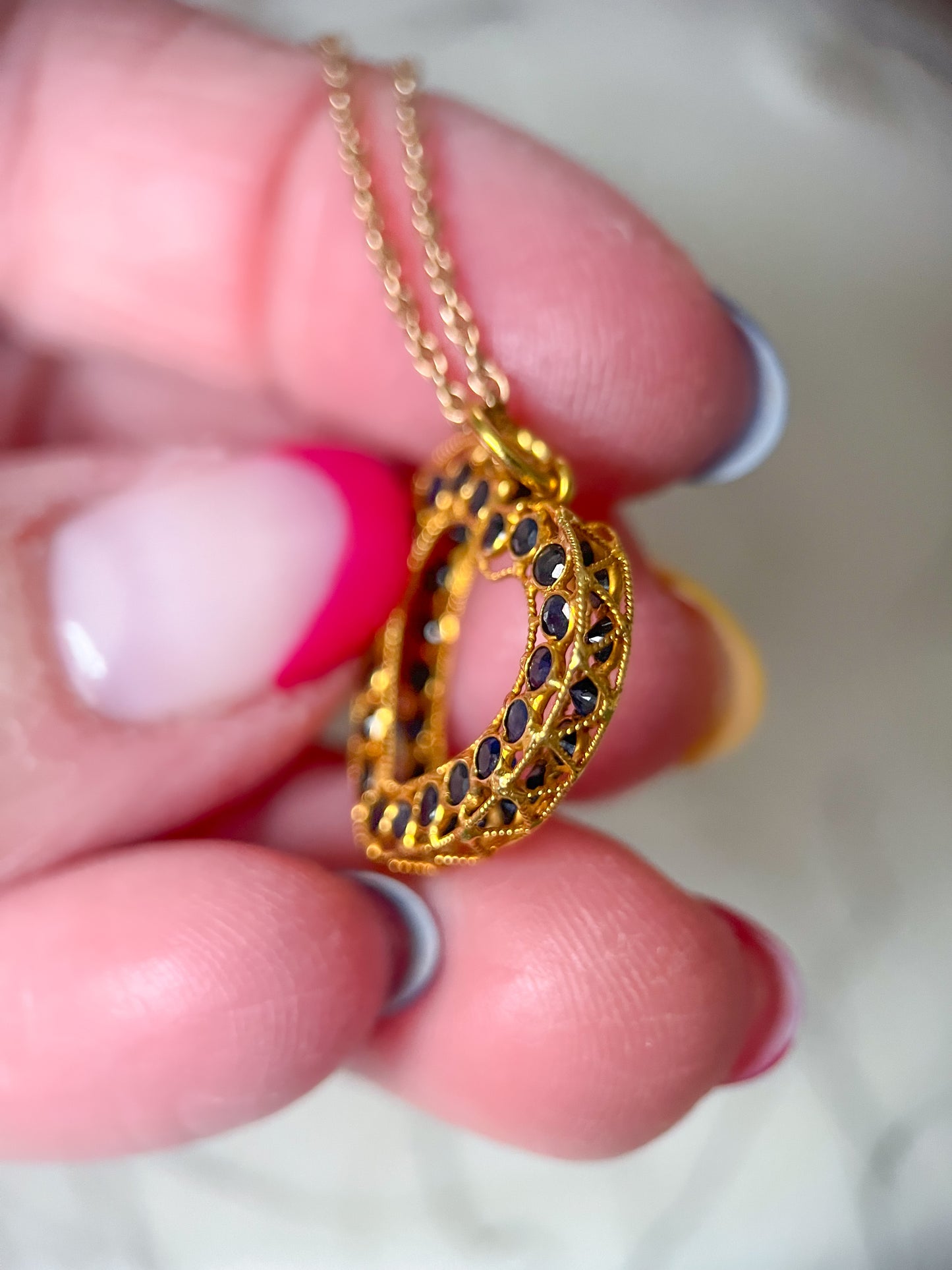 Vintage Natural Sapphire Open Heart 18k Yellow Gold Charm, Circa 1990's