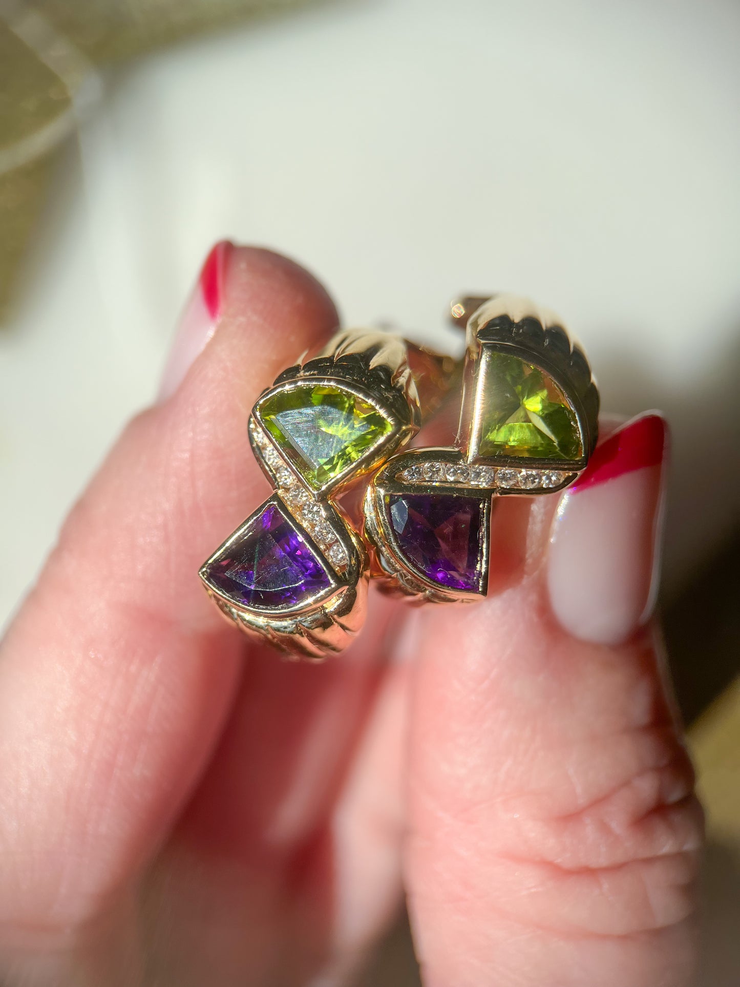 Vintage Natural Amethyst, Peridot and Diamond 14k Yellow Gold Earrings, circa 1980s