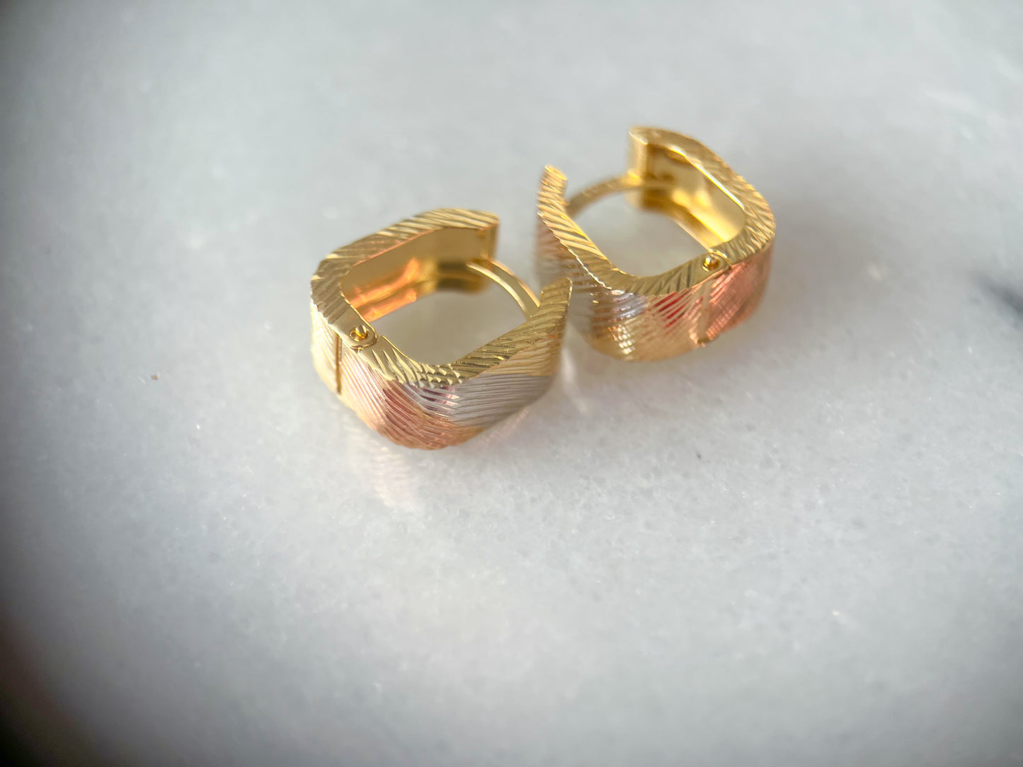 14k Tri Color Yellow, White and Rose Gold Squared Huggies
