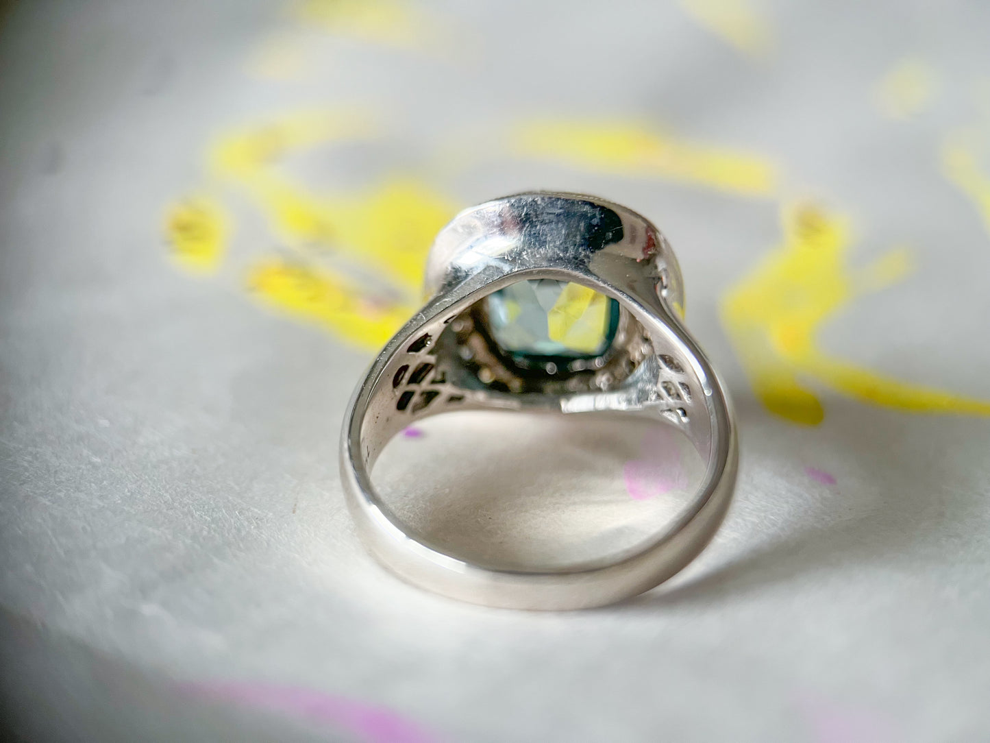 Vintage Natural Aquamarine Cushion Cut and Diamond 18k White Gold Ring
