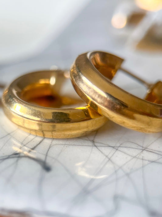 Vintage Chunky Faceted 14k Yellow Gold Hoop Earrings