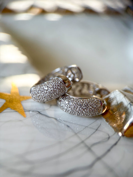 Natural Diamond Encrusted 18k White Gold Puffy Huggie Earrings