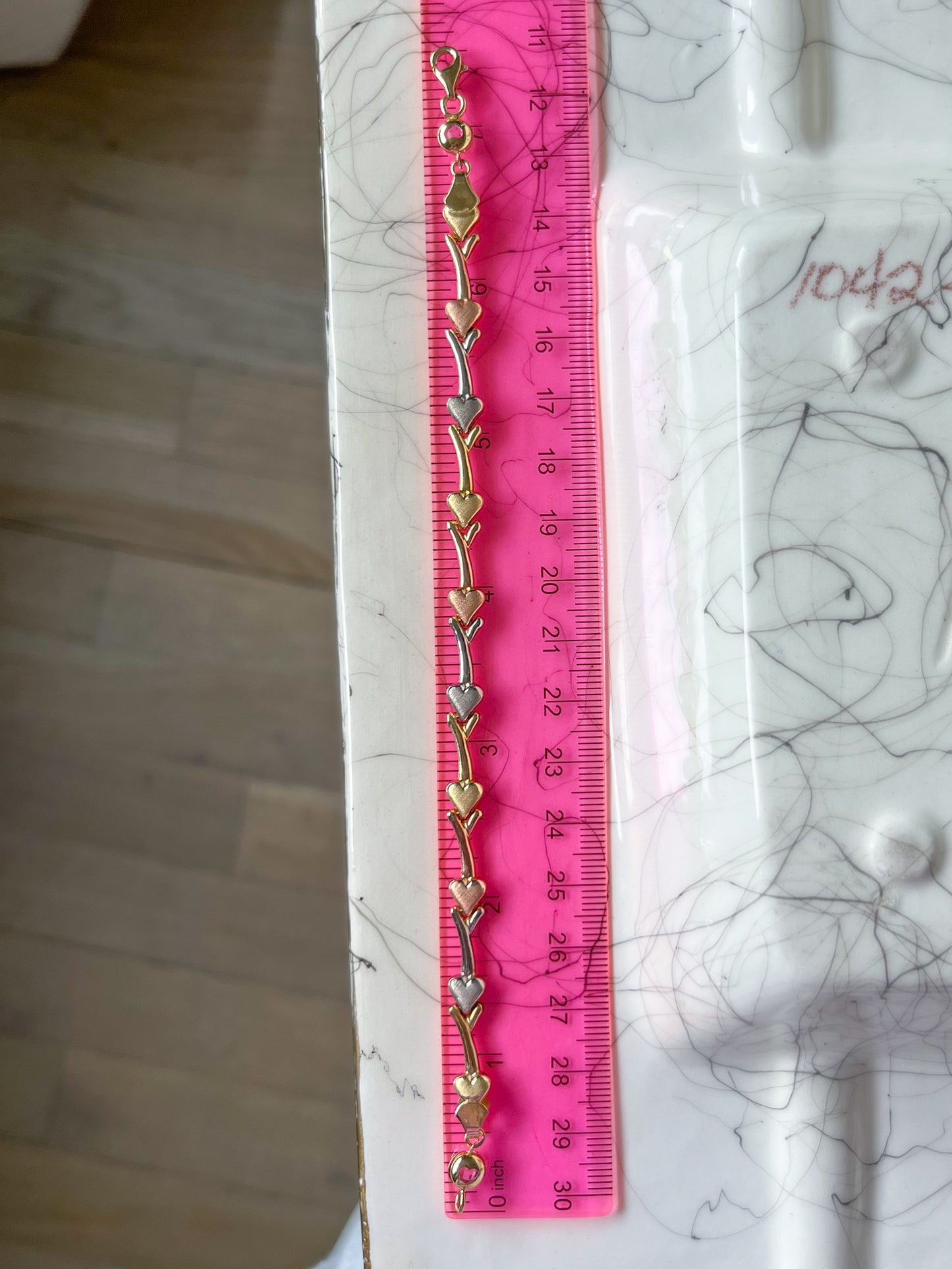 Tri Color White, Rose, Yellow Gold Heart 7.5 Inch Bracelet