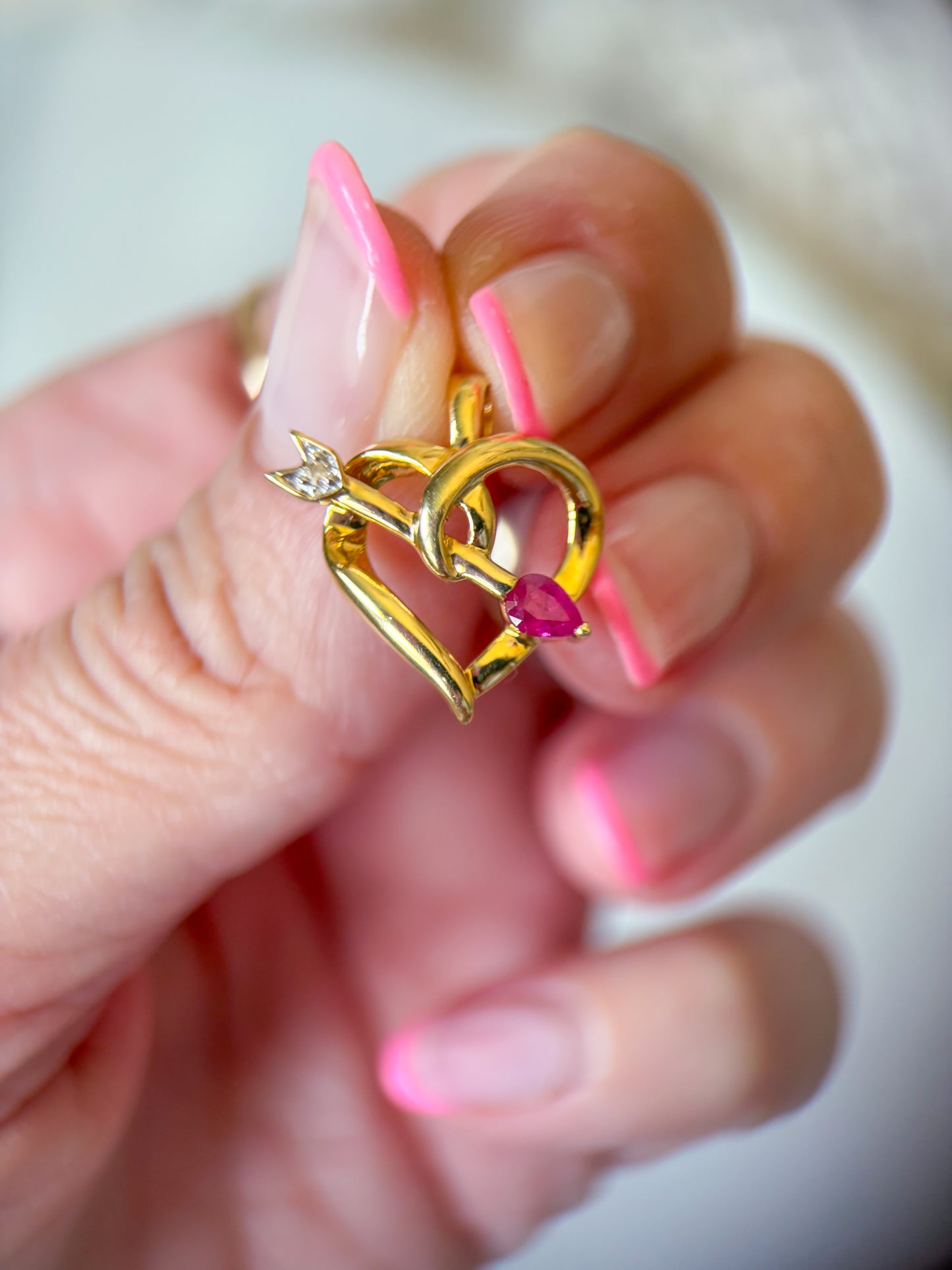 Vintage Natural Ruby and Diamond Heart 14k Yellow Gold Charm