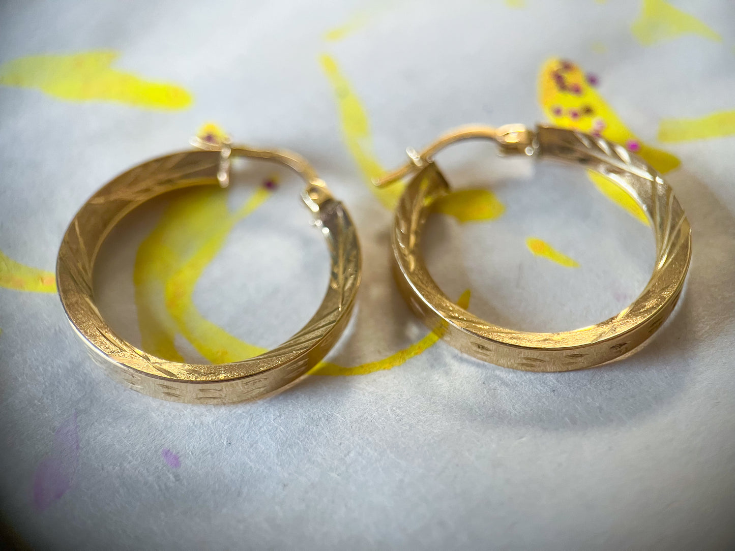 Vintage Faceted Squared Tube Medium 10k Yellow Gold Hoop Earrings
