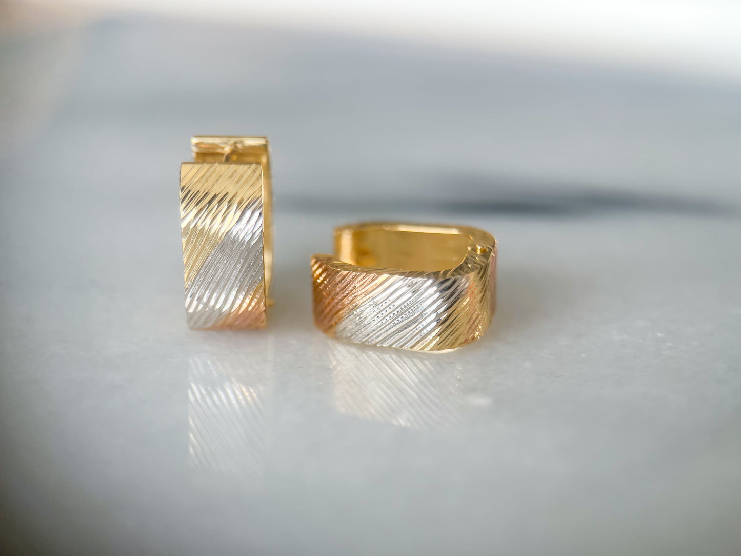 14k Tri Color Yellow, White and Rose Gold Squared Huggies