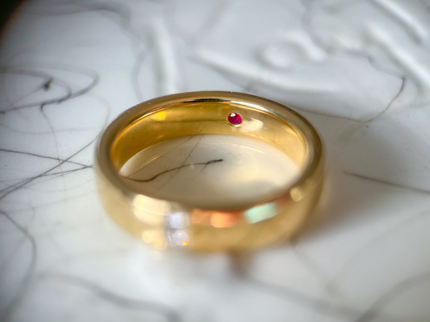 Vintage Natural Diamond and Hidden Natural Ruby 18k Yellow Gold Band Ring