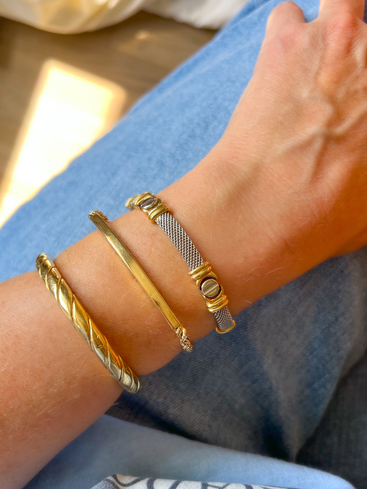 Vintage Mesh Two Toned with Screw Accents 14k White and Yellow Gold 8 Inch Bracelet