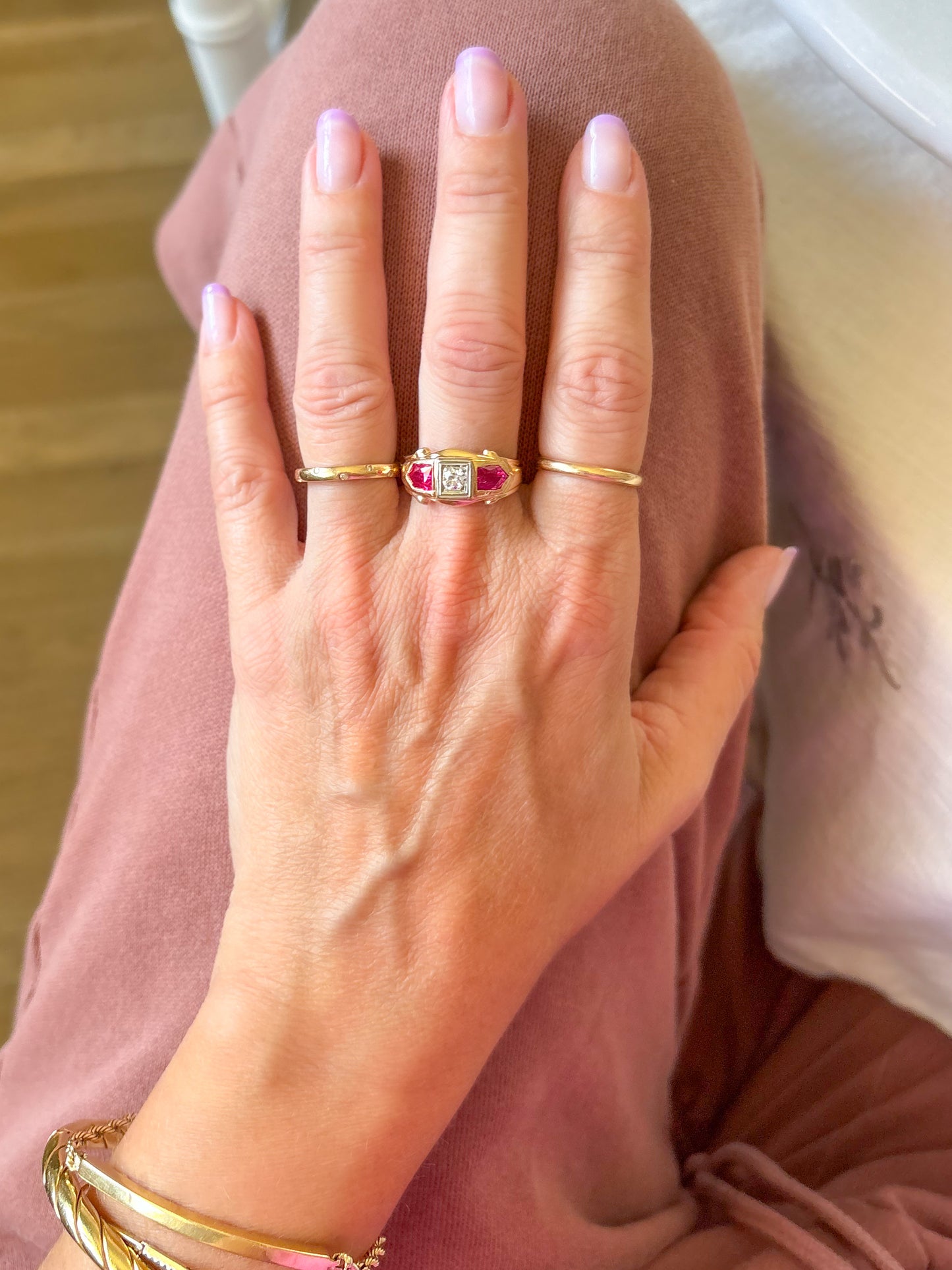 Vintage Three Stone Natural Diamond 14k Yellow Gold Ring