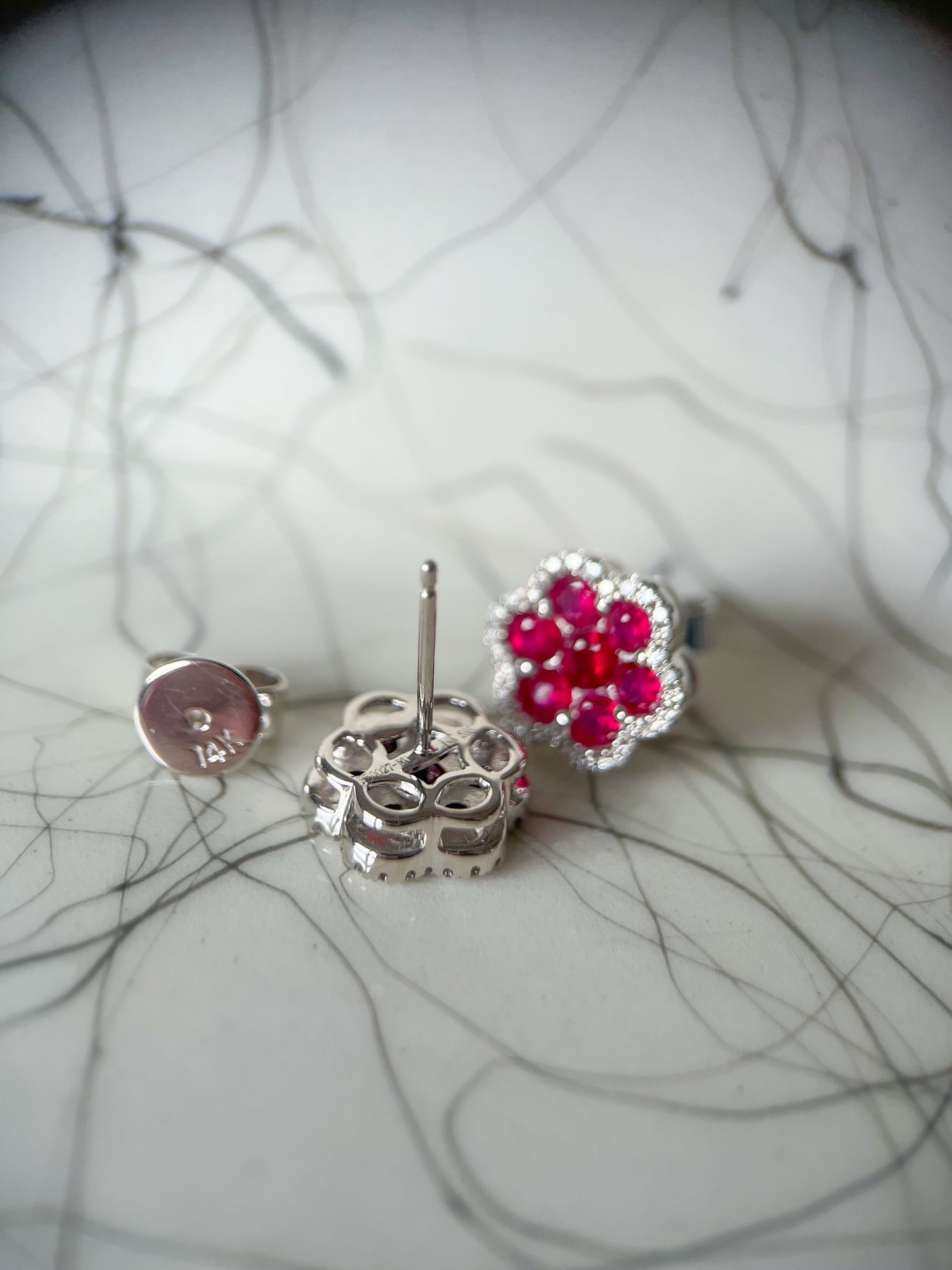Natural Ruby, Sapphire, Emerald and Diamond 14k White Gold Stud Earrings