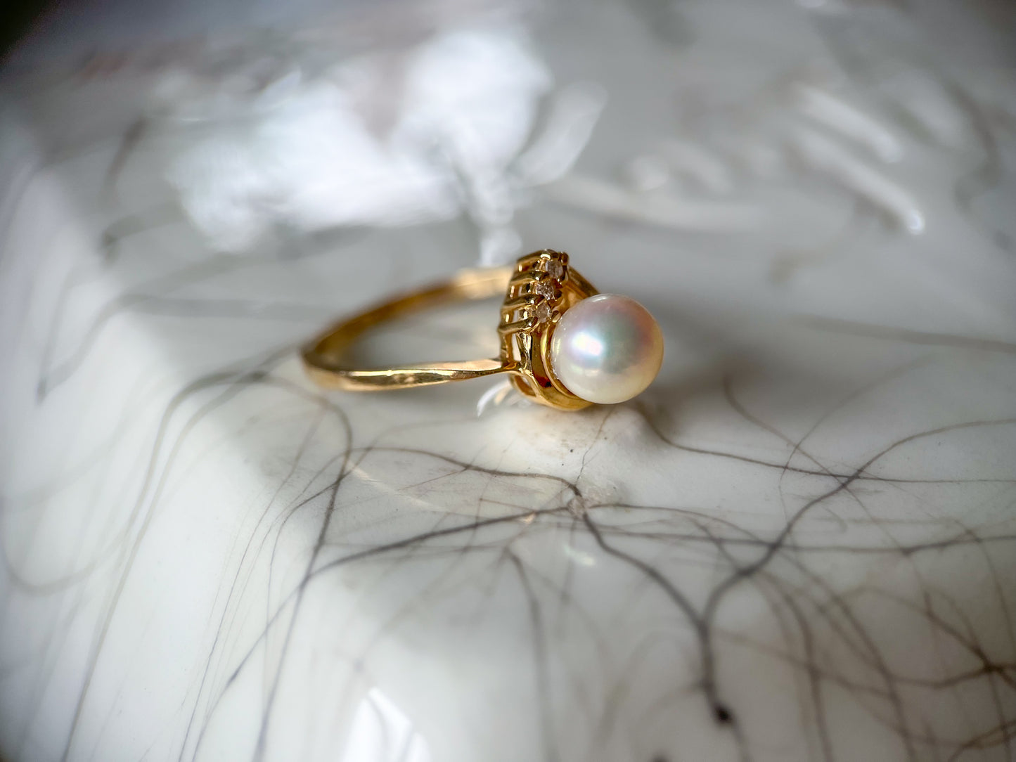 Vintage Natural Pearl and Natural Diamond 14k Yellow Gold Ring