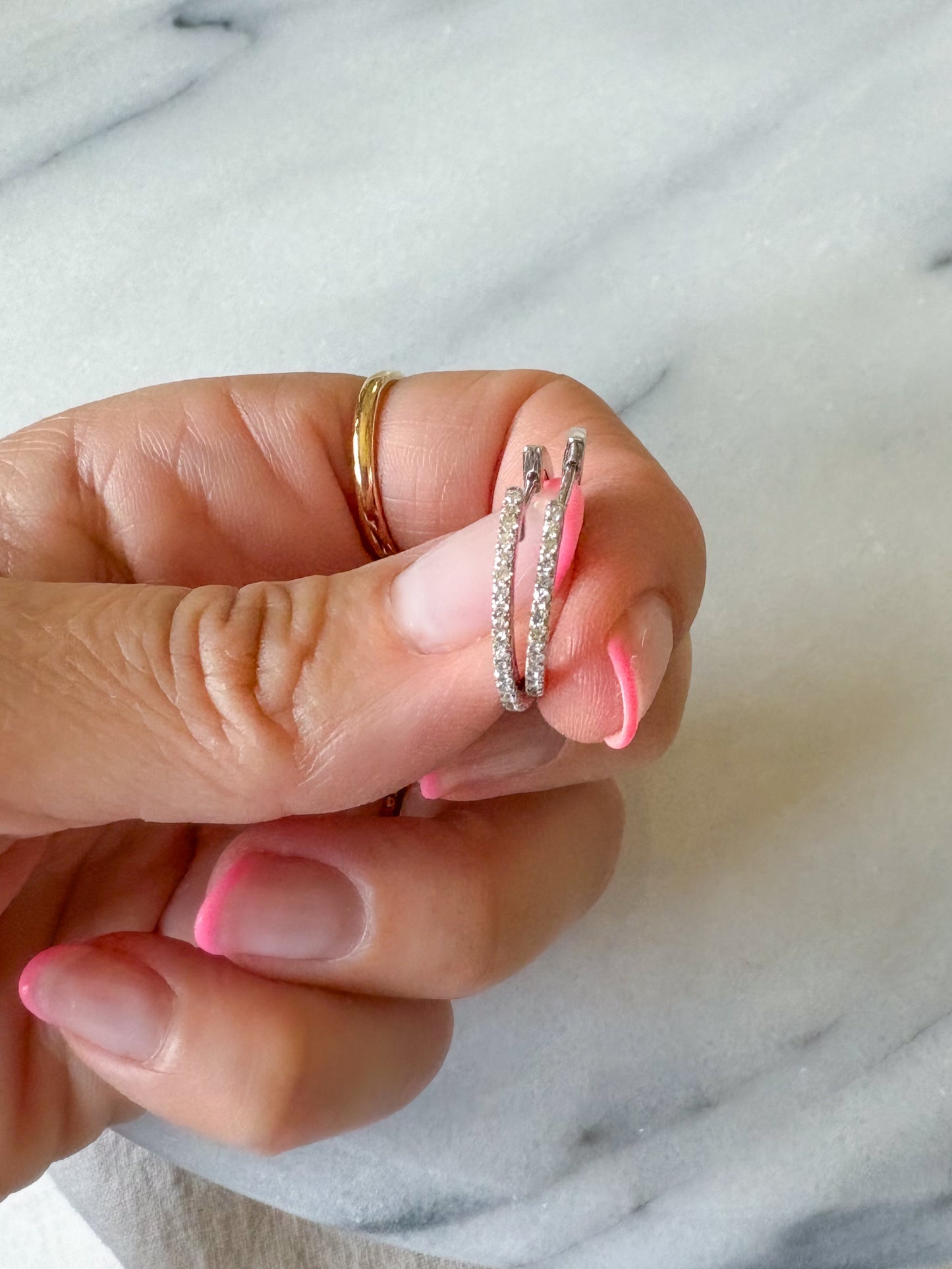 Thin Natural Diamond Huggies 14k White Gold Hoop Earrings