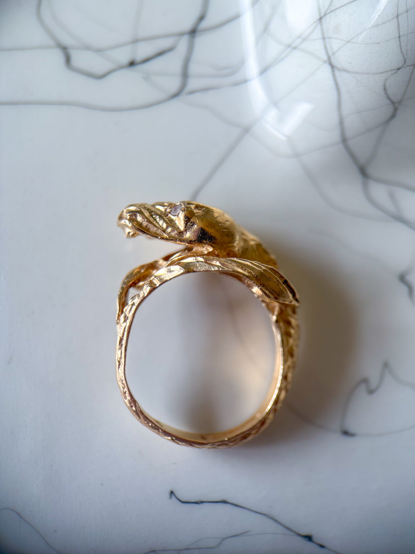 Vintage Snake with Natural Diamond Eyes 14k Yellow Gold Ring