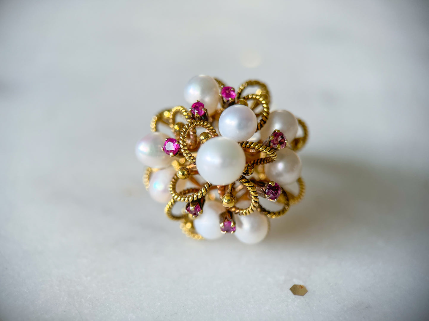 Vintage Cocktail Ring with Pearls and Rubies set in 14k Yellow Gold