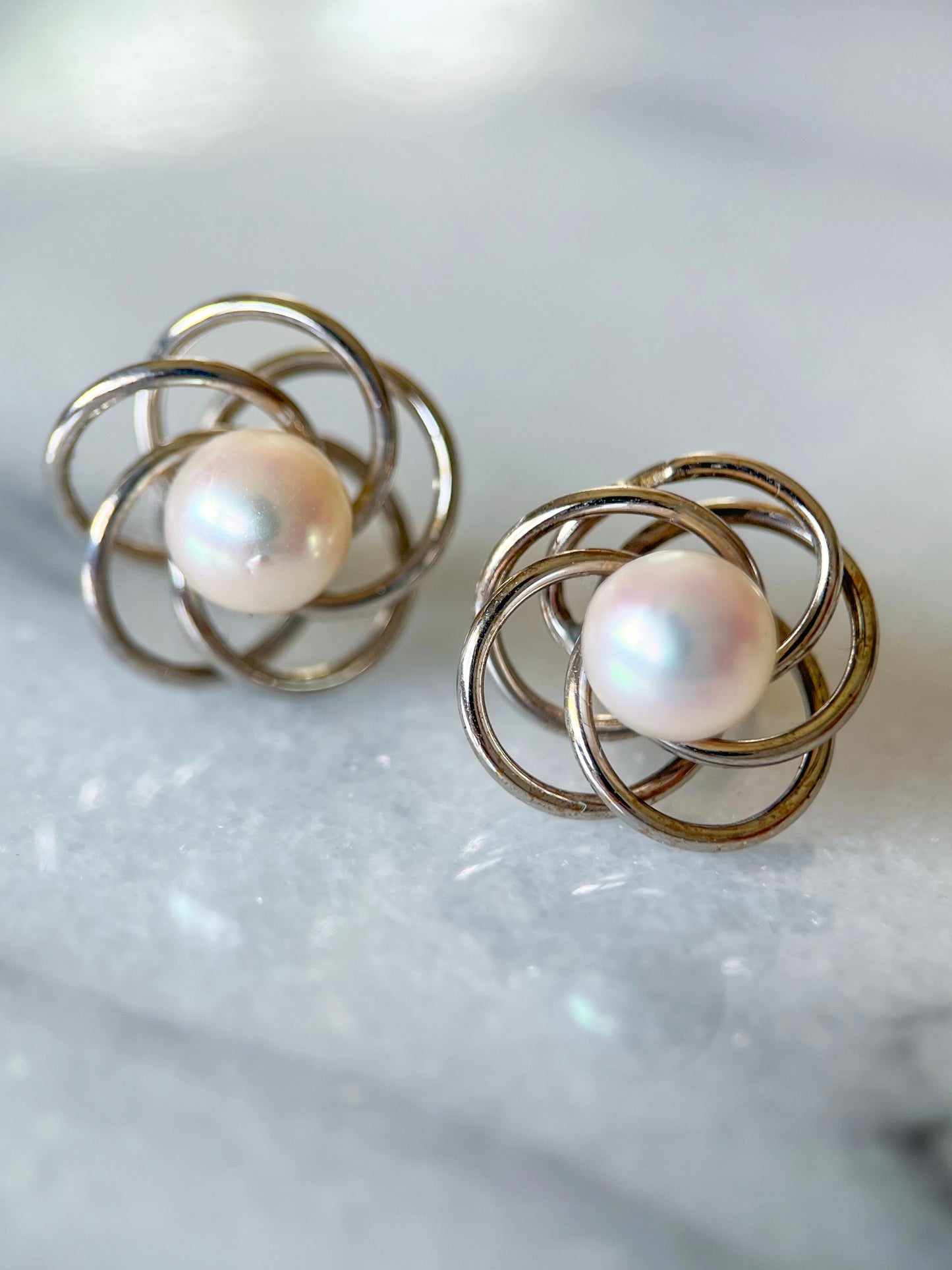 Vintage Pearl and Knot 14k White Gold Stud Earrings