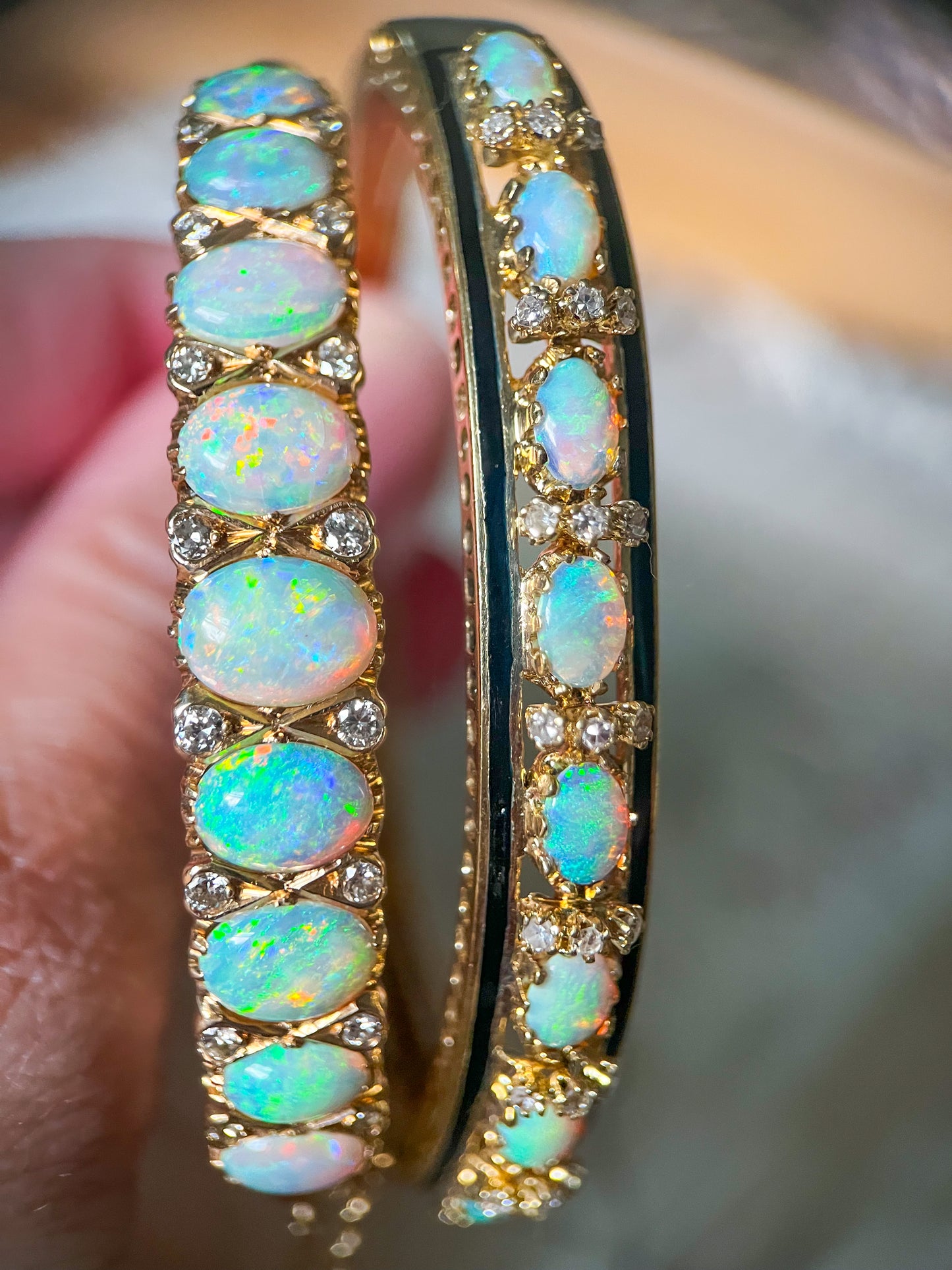 Vintage Opal, Natural Diamond and Enamel 14k Yellow Gold Bangle
