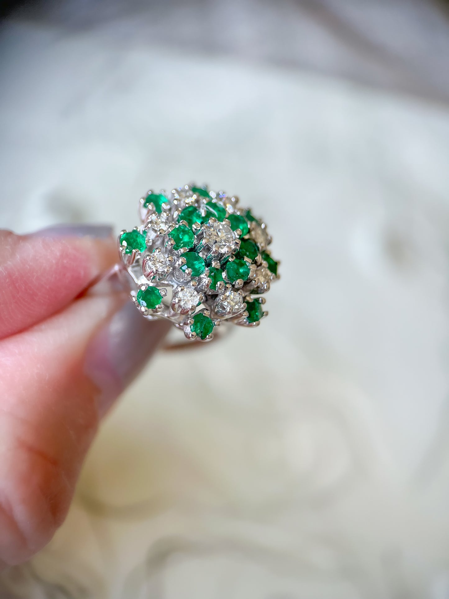 Vintage Natural Emerald and Diamonds 14k White Gold Statement Ring