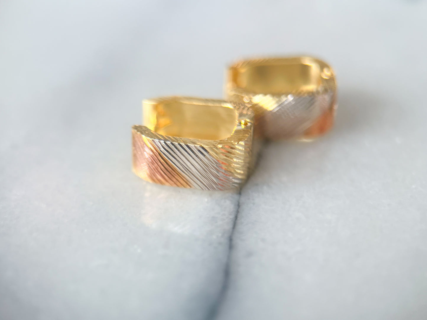 14k Tri Color Yellow, White and Rose Gold Squared Huggies