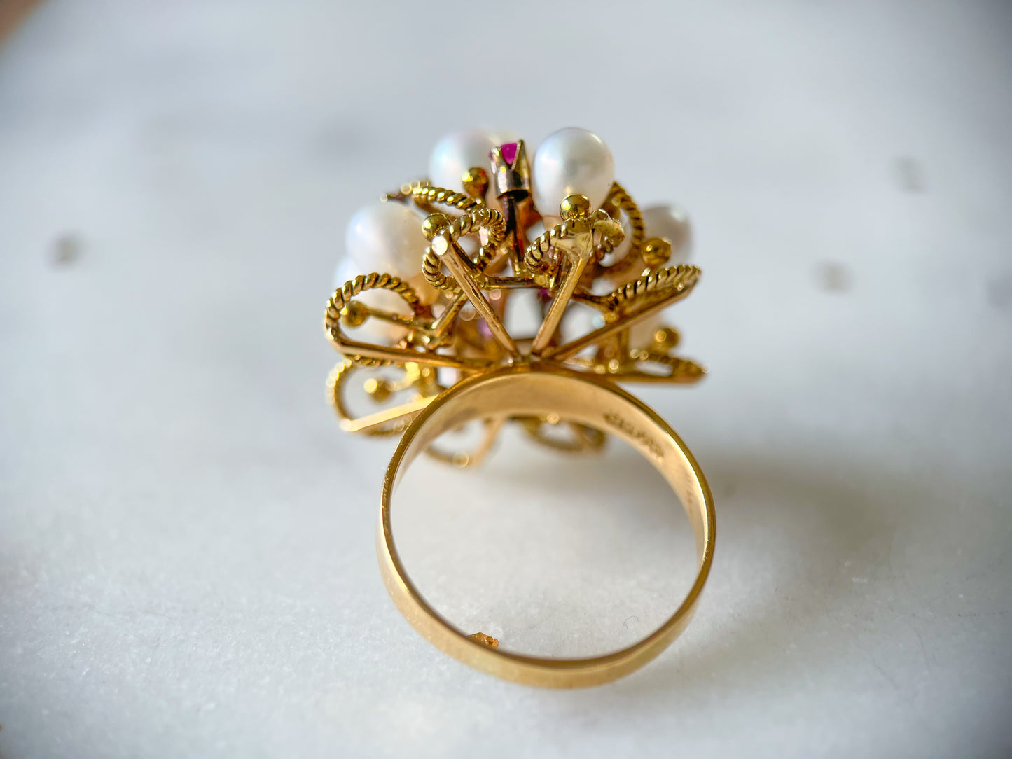 Vintage Cocktail Ring with Pearls and Rubies set in 14k Yellow Gold