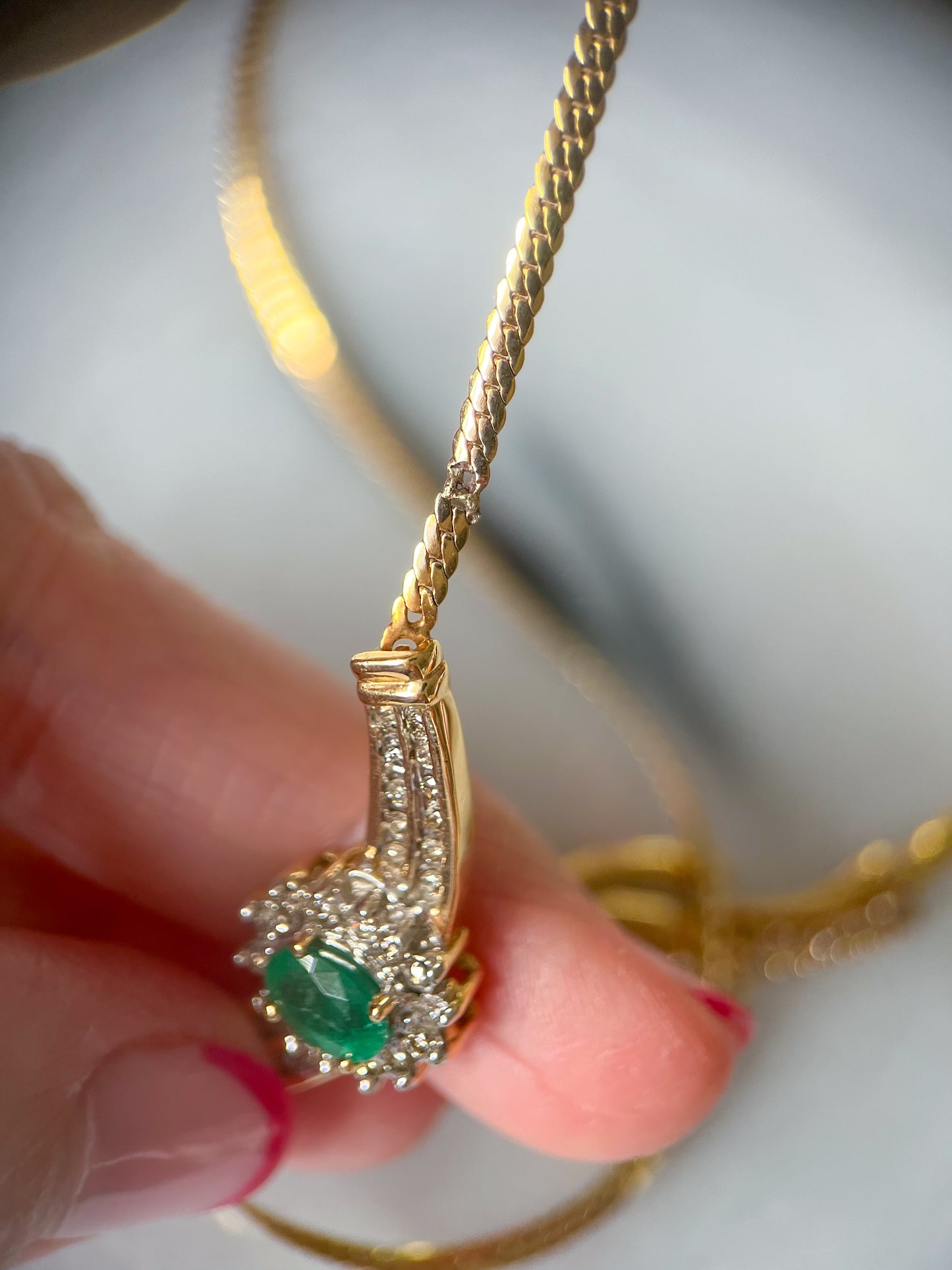 Vintage Natural Diamond, Emerald and Sapphire Pendant 14k Yellow Gold Necklaces