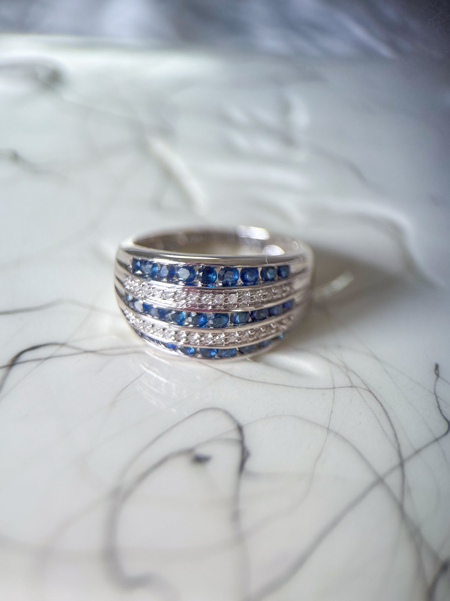 Vintage Chunky Natural Diamond and Natural Sapphire 14k White Gold Ring
