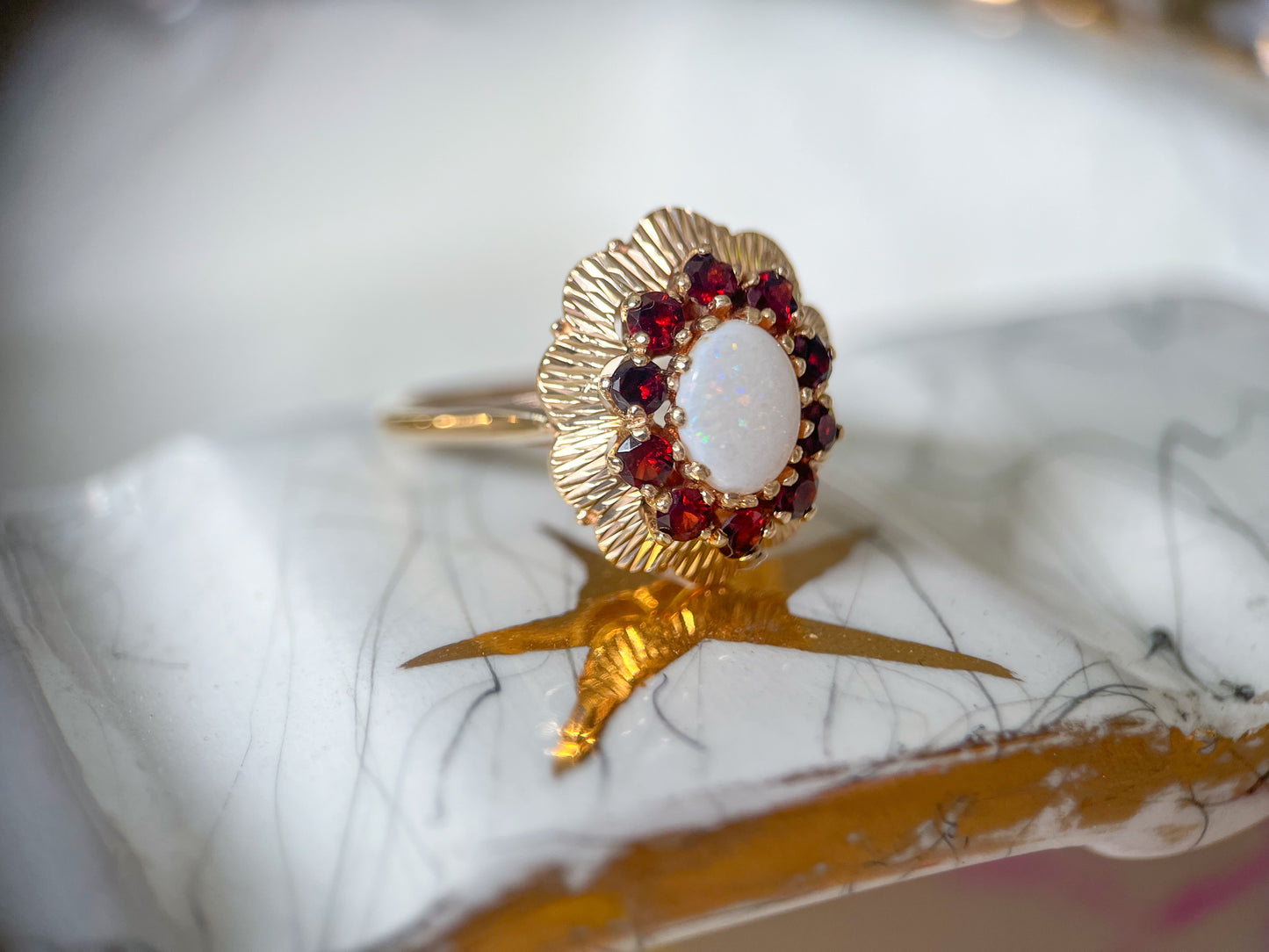 Vintage Natural Opal and Garnet 10k Yellow Gold Siffari Ring