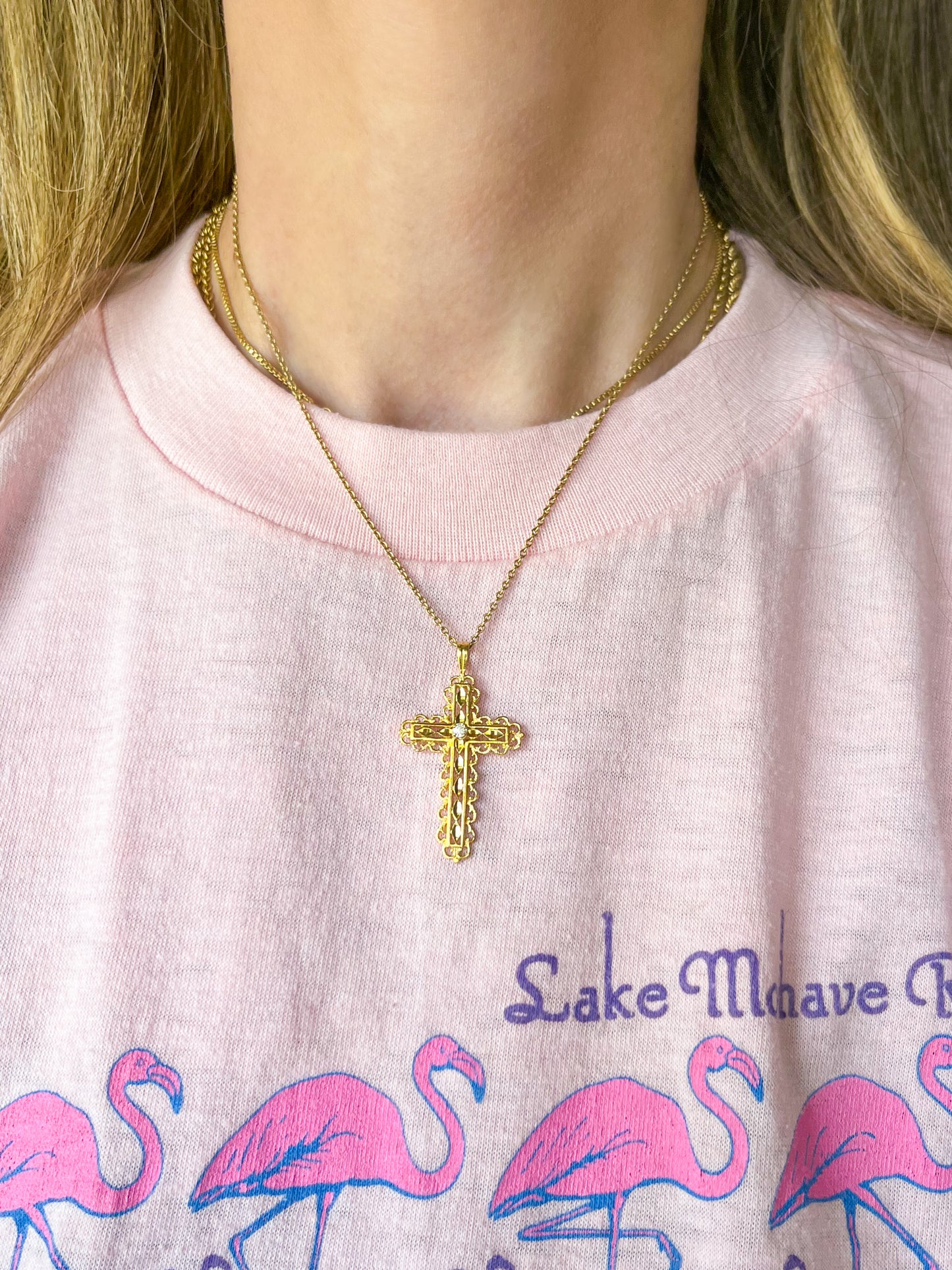 Vintage Natural Diamond Cross 14k Yellow Gold Charm