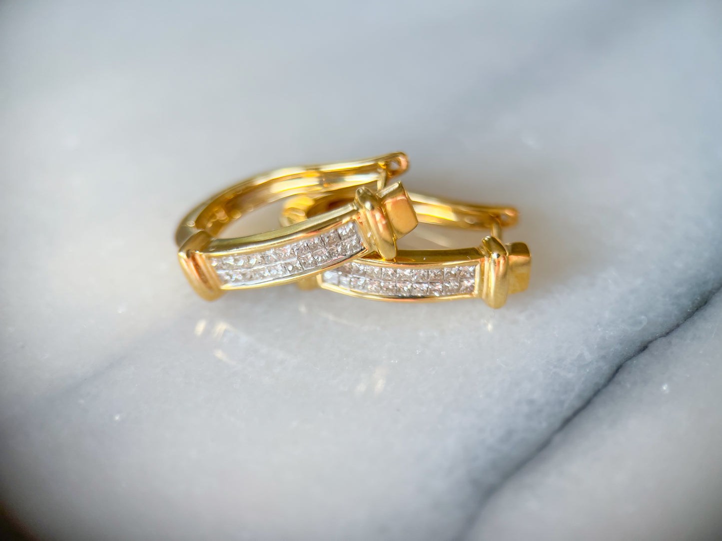 Natural Princess Cut Diamonds 14k Yellow Gold Hoop Earrings