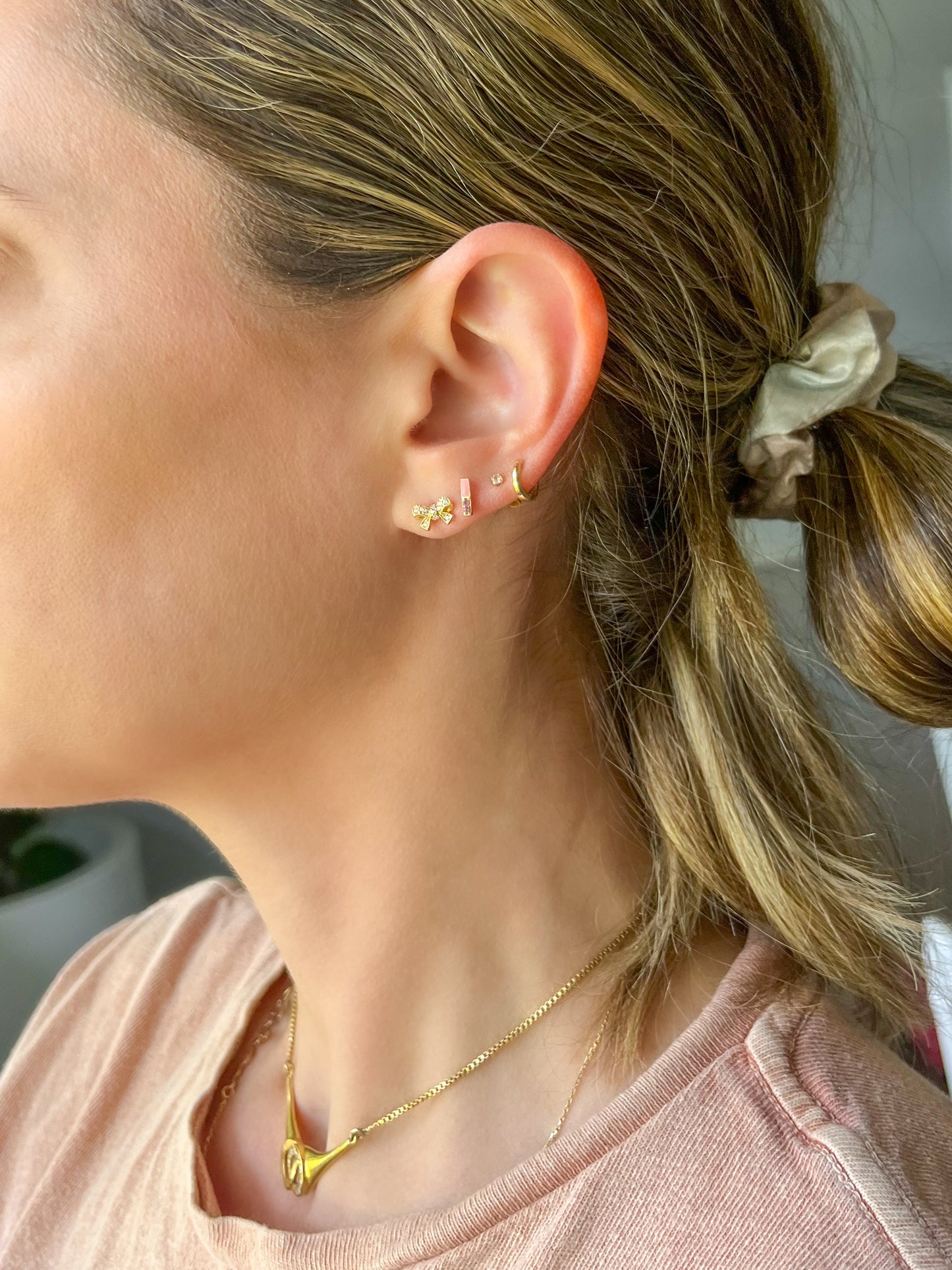 Mini 14k Yellow Gold Ribbons with CZ Stud Earrings