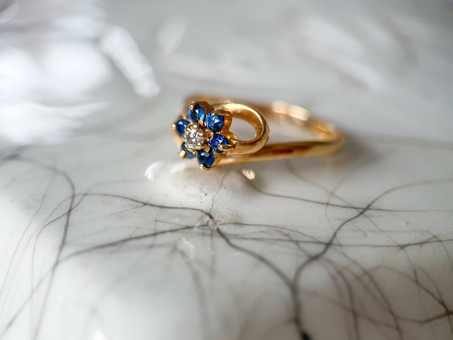 Vintage Natural Sapphire and Natural Diamond Flower 14k Yellow Gold Ring