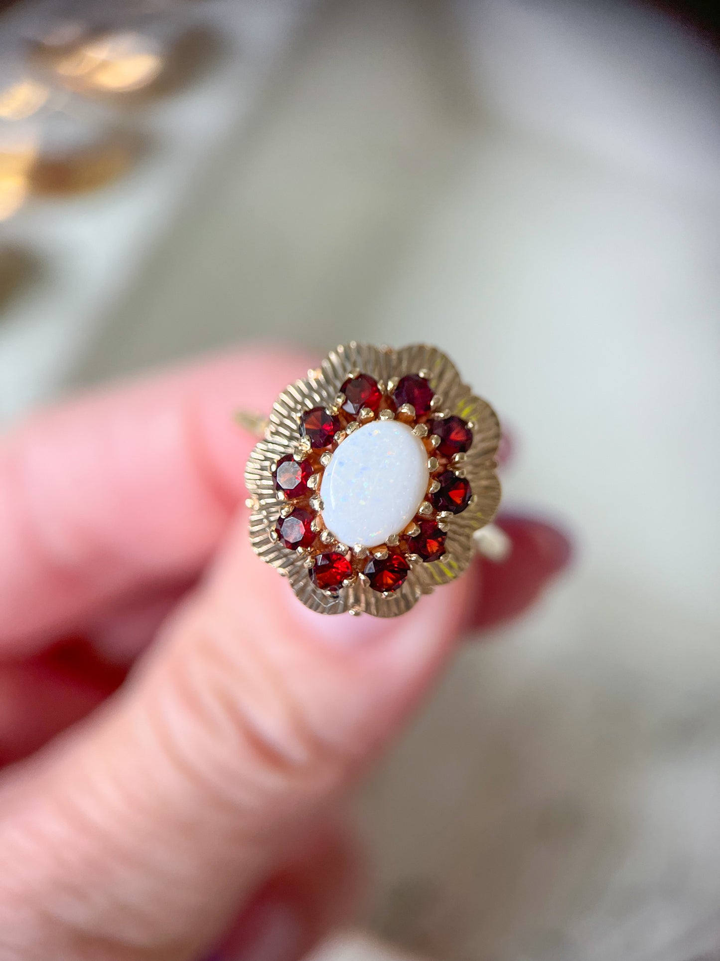 Vintage Natural Opal and Garnet 10k Yellow Gold Siffari Ring