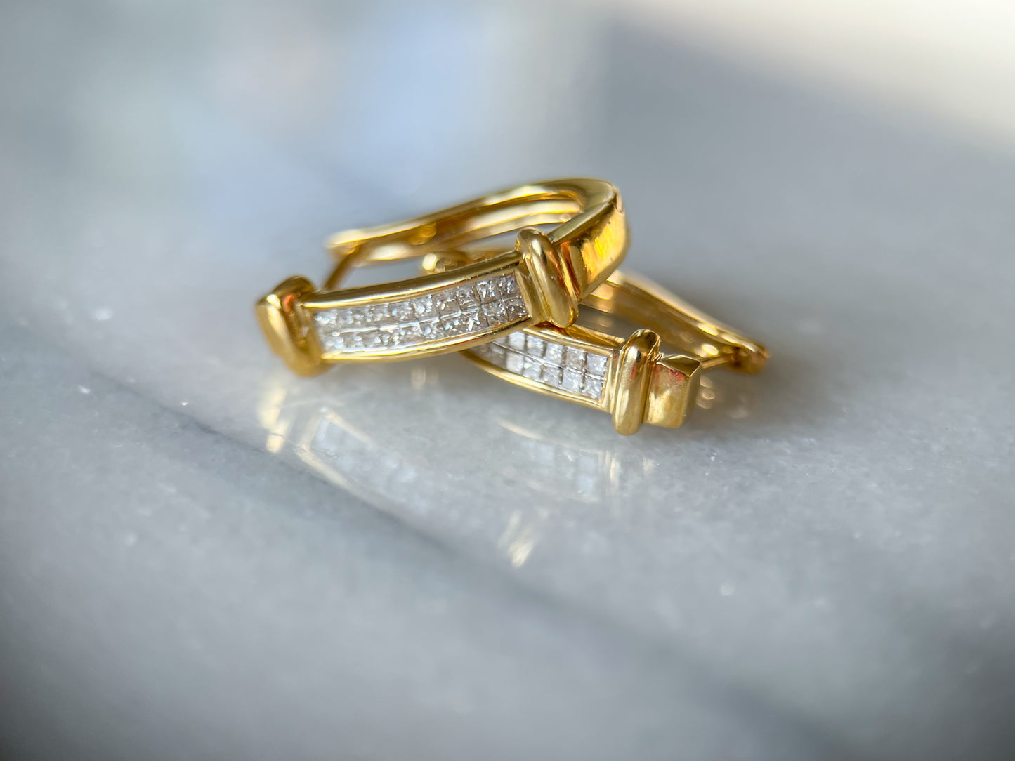 Natural Princess Cut Diamonds 14k Yellow Gold Hoop Earrings