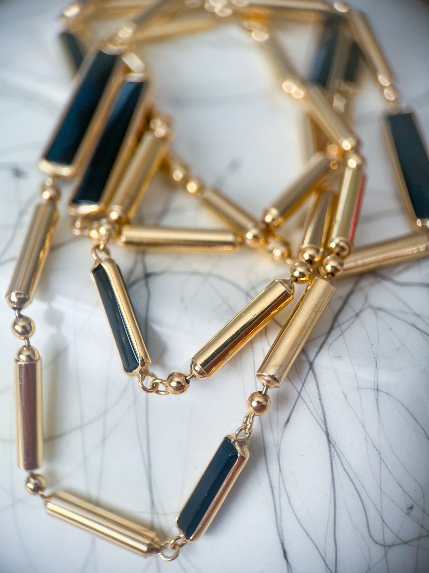 Vintage Onyx 14k Yellow Gold Ball and Bar 30 Inch Chain