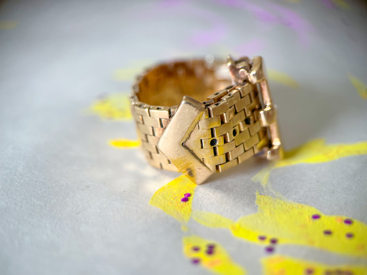 Vintage Panther Chain Flex 14k Yellow Gold Band Ring with Buckle