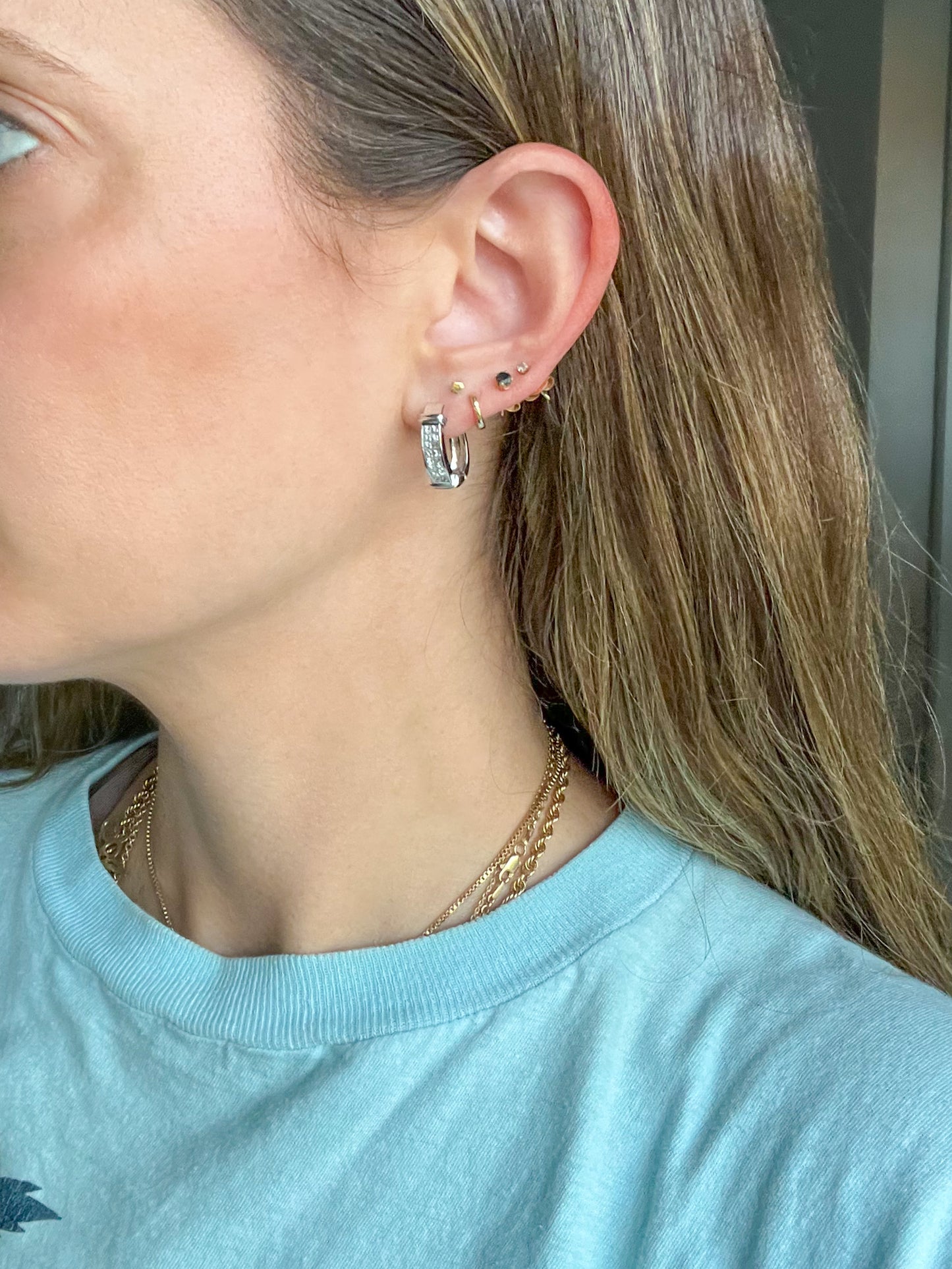 Natural Princess Cut Diamond 14k White Gold Half Hoop Earrings