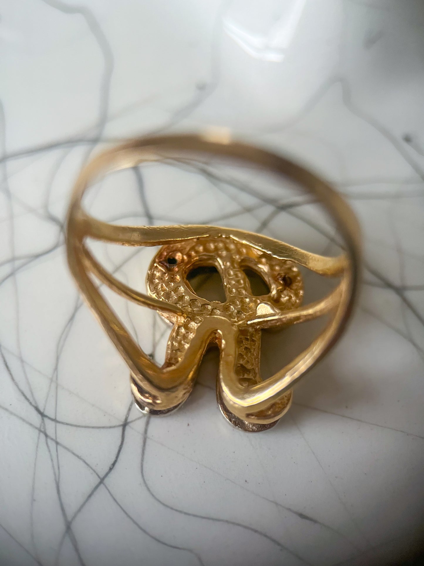Vintage Natural Diamond Letter "R" 14k Yellow Gold Ring