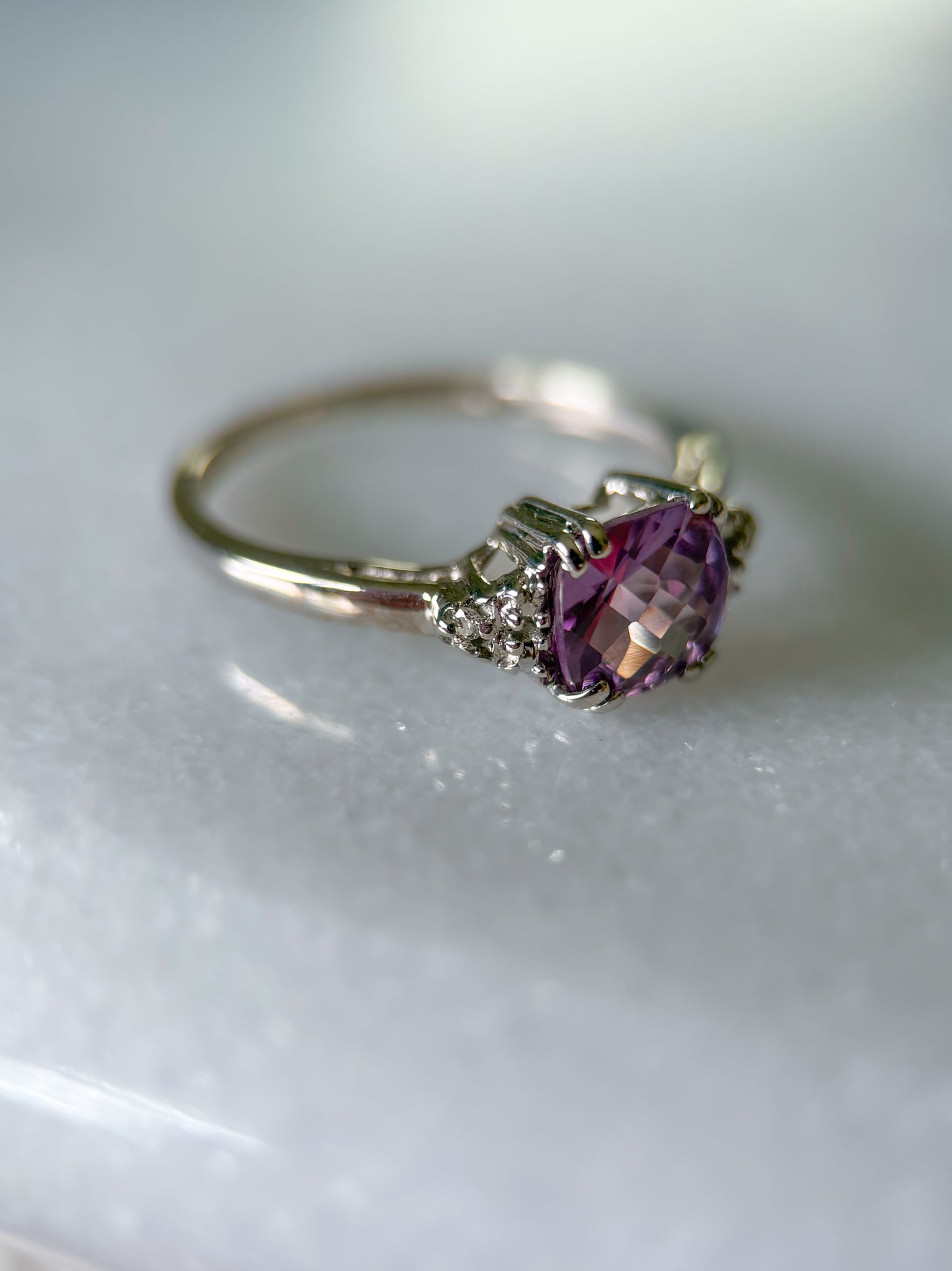 Vintage Amethyst and Natural Diamond 14k White Gold Ring