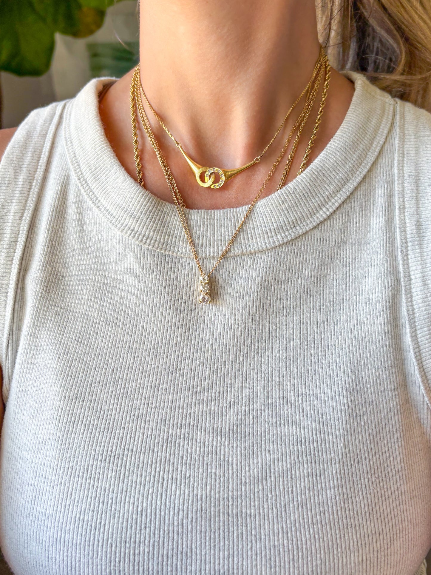 Vintage Natural Diamond Three Stone Drop Pendant with 14k Yellow Gold Attached 17 Inch Chain