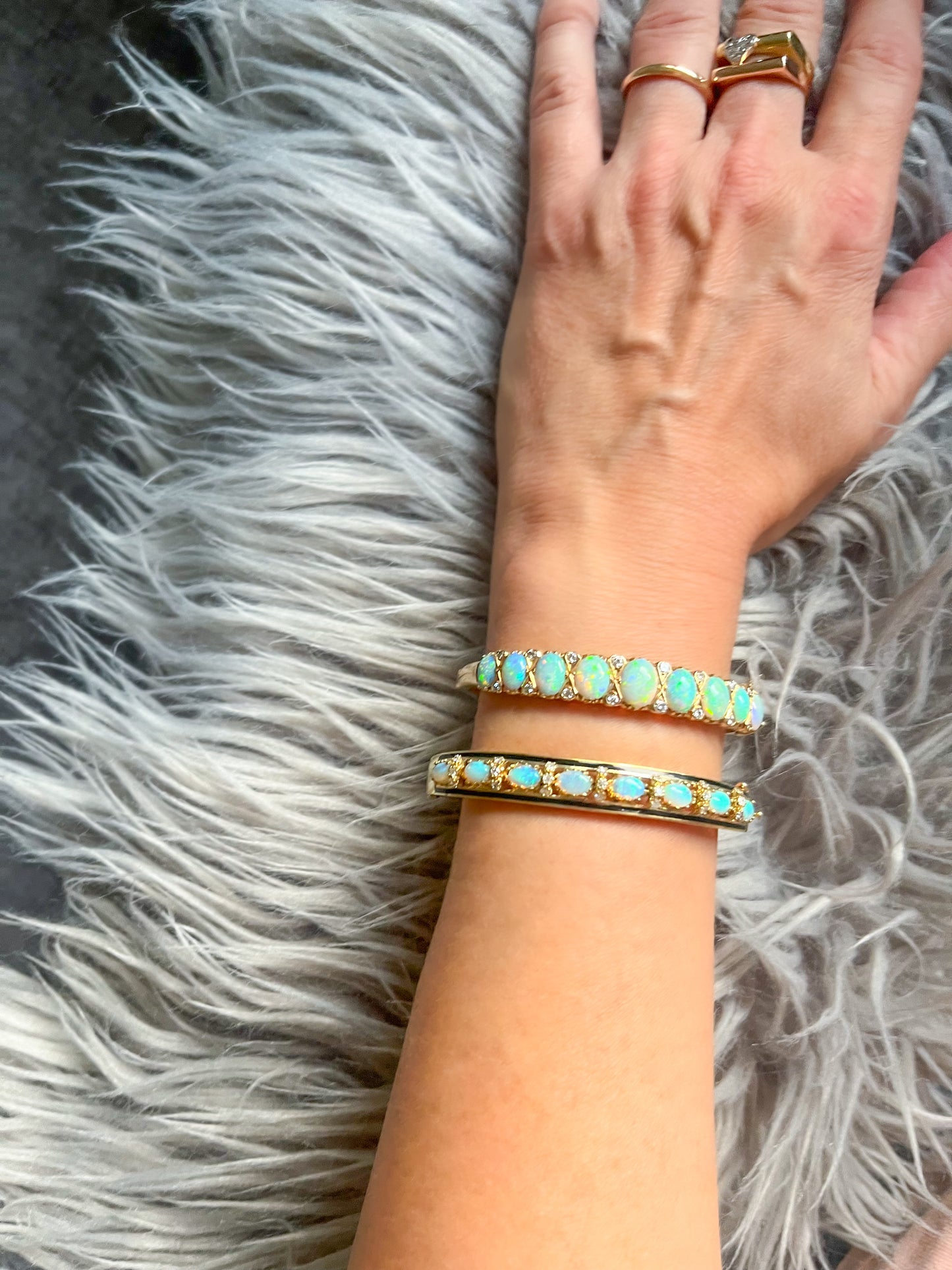 Vintage Opal, Natural Diamond and Enamel 14k Yellow Gold Bangle