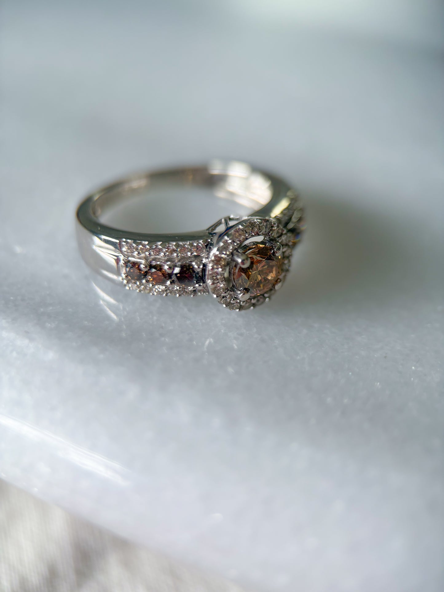 Vintage Natural White and Chocolate Diamonds 14k White Gold Ring