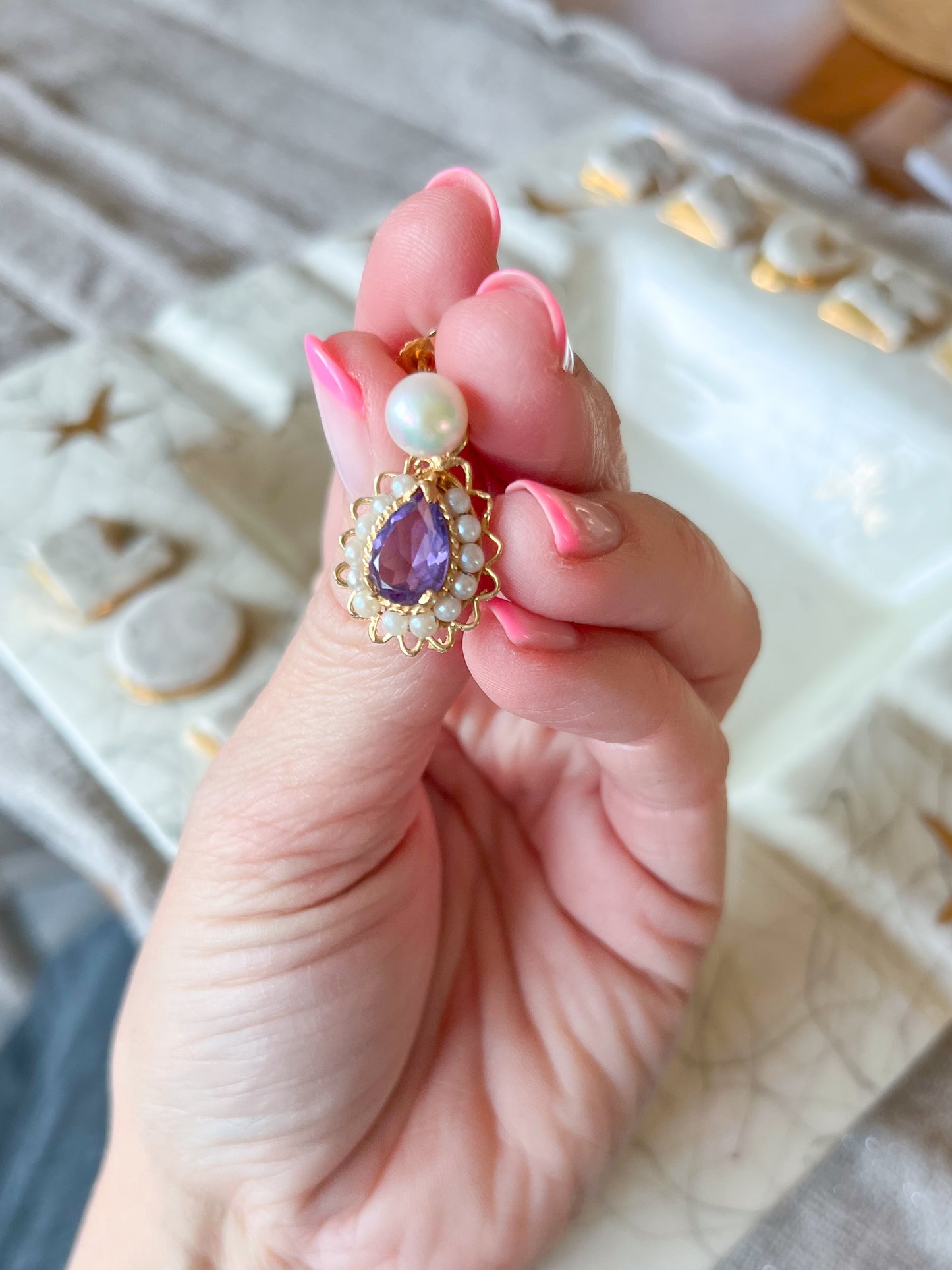 Vintage Natural Amethyst and Natural Pearl 14k Yellow Gold Stud Drop Earrings