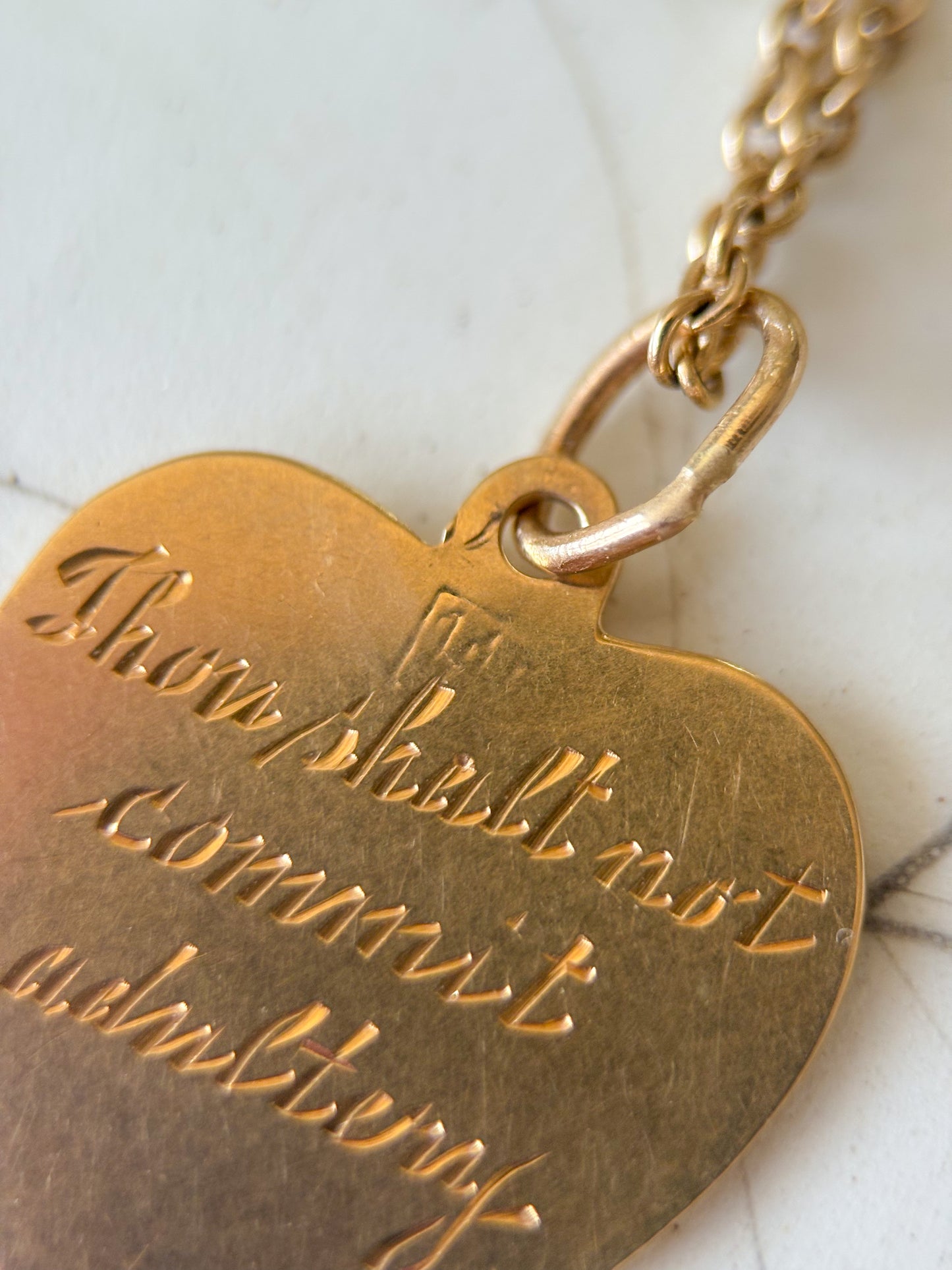 Vintage Engine Turned Heart 14k Yellow Gold Charm, Engraved: "Thou Shall Not Commit Adultery"