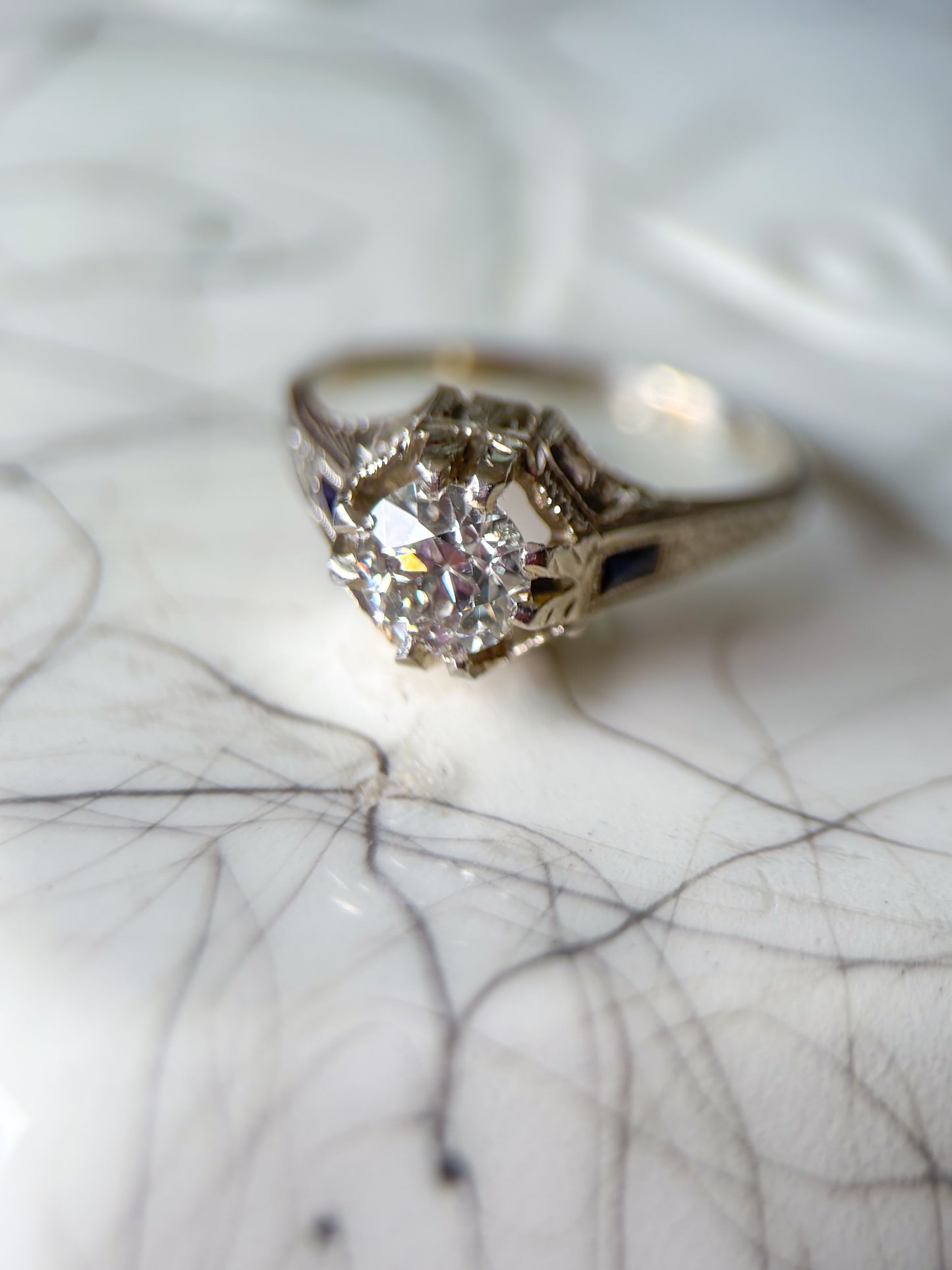 Vintage Natural Old Miner Diamond and Natural Sapphire 18k White Gold Ring