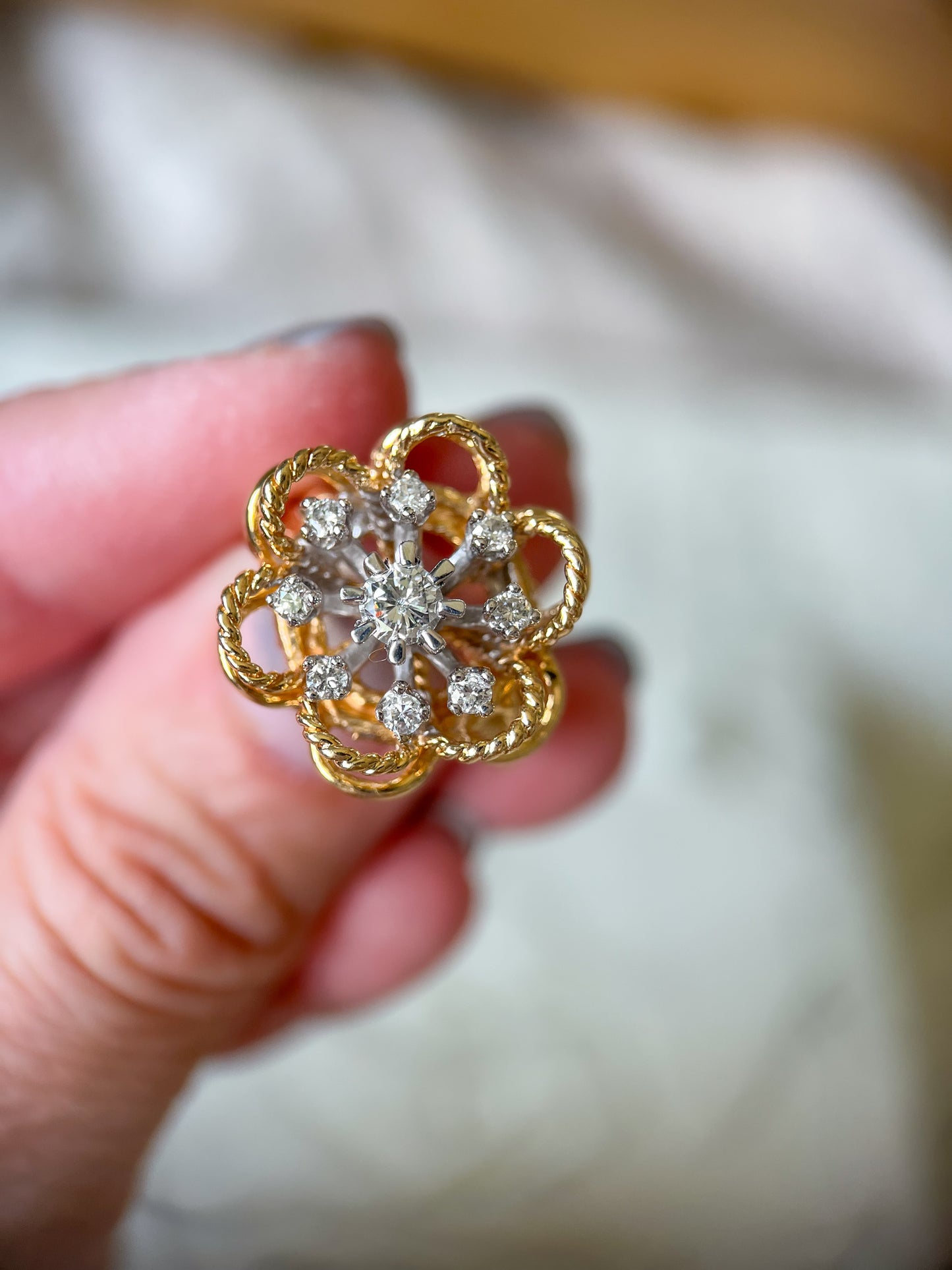 Vintage Flower Natural Diamond Rings in 14k Yellow Gold